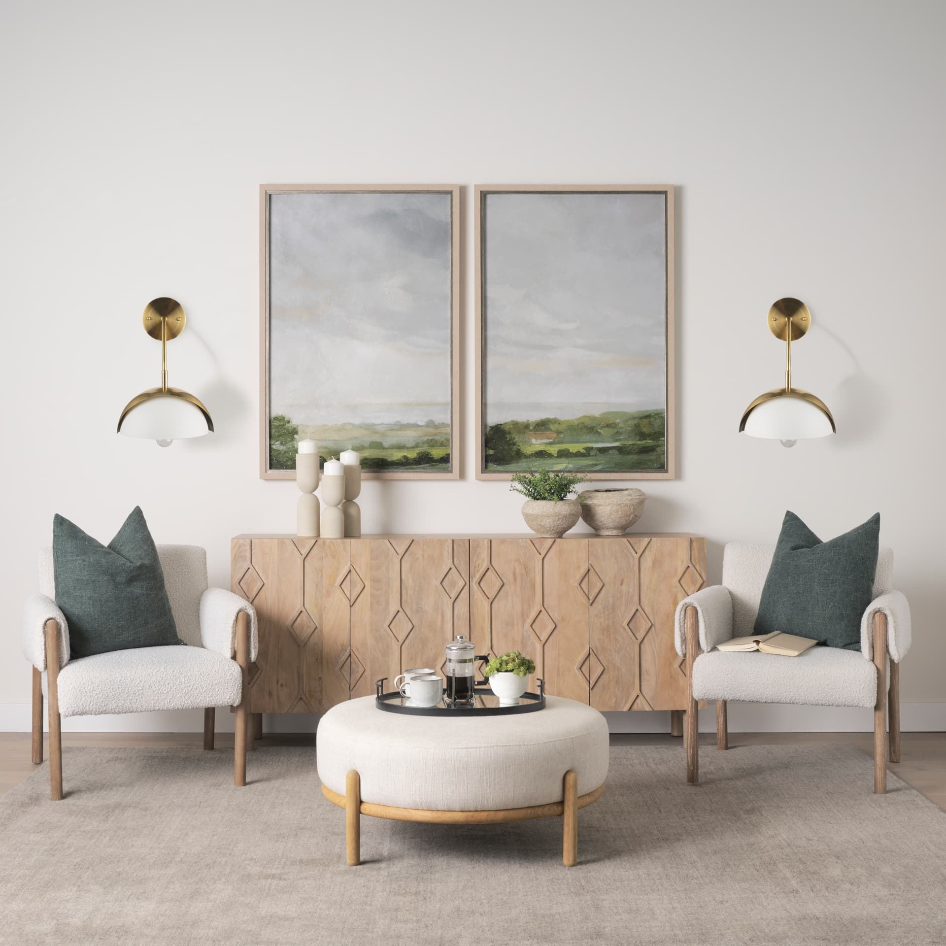 Cybill Brushed Brass w/ White Metal Shade 1-Light Wall Sconce — in a styled room