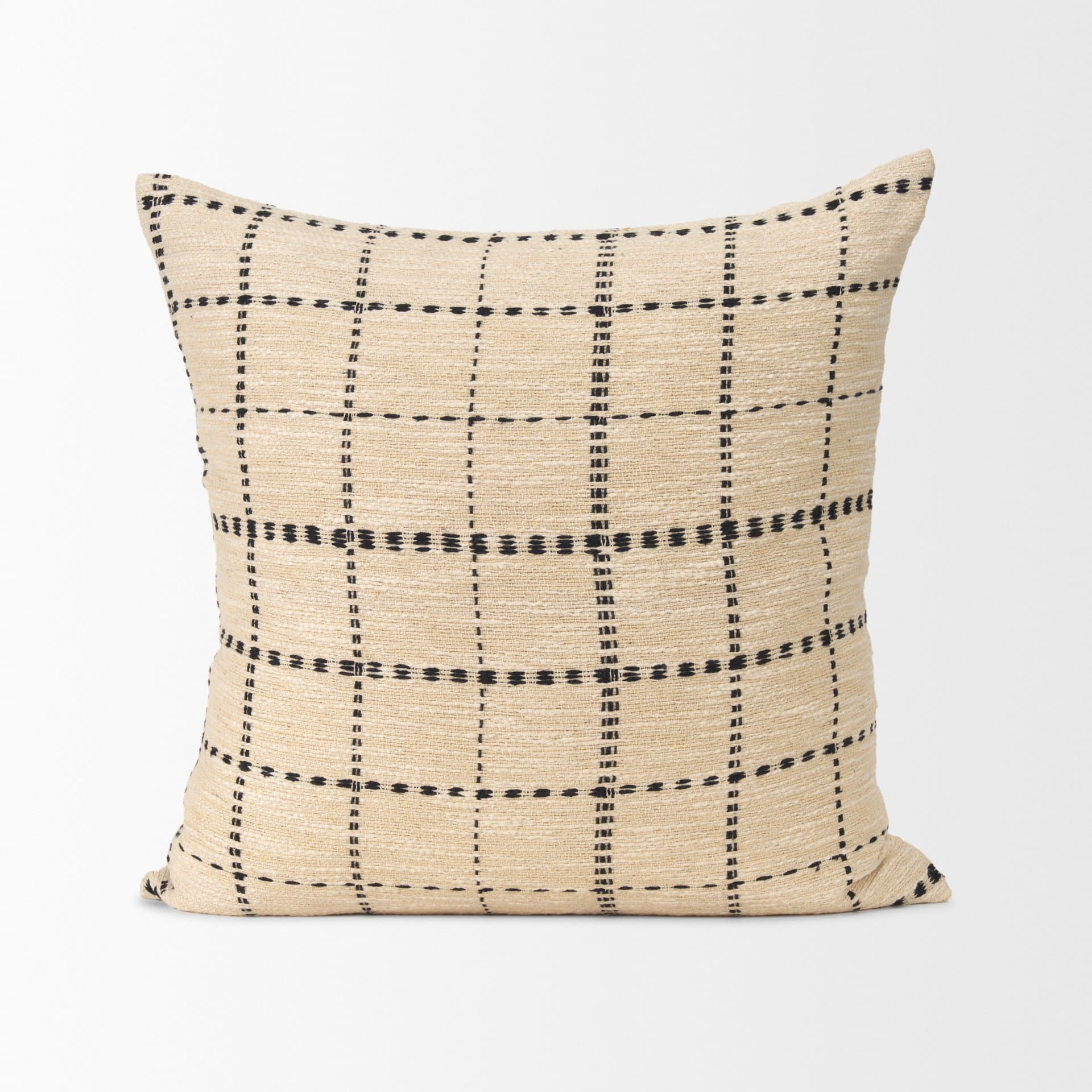 Jaela 22x22 Beige/Black Striped Checkered Square Throw Pillow Cover w/Down Filler — product photograph