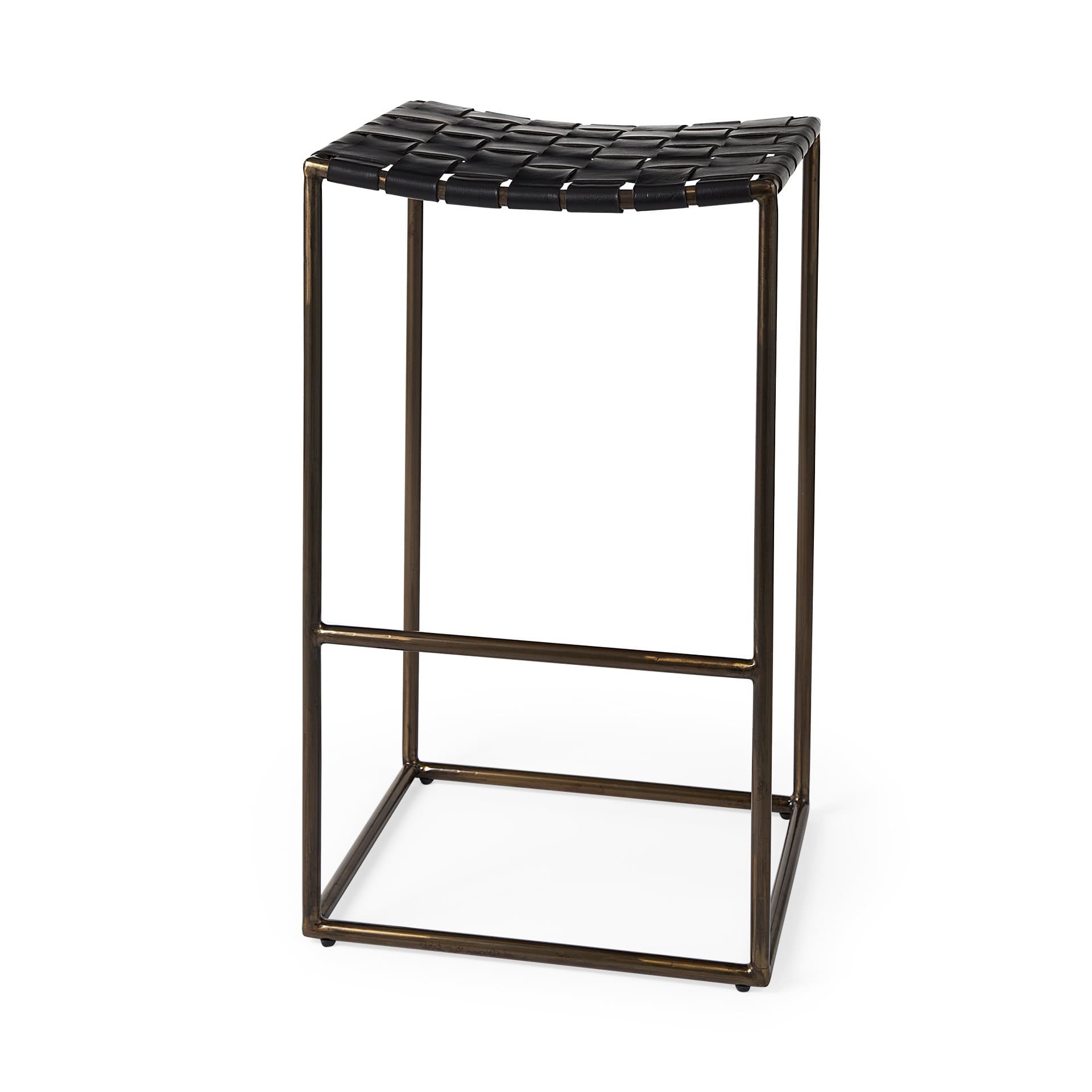 Clarissa Backless 30.25in Seat Bar Stool | Black Leather w/ Gold Metal — product photograph