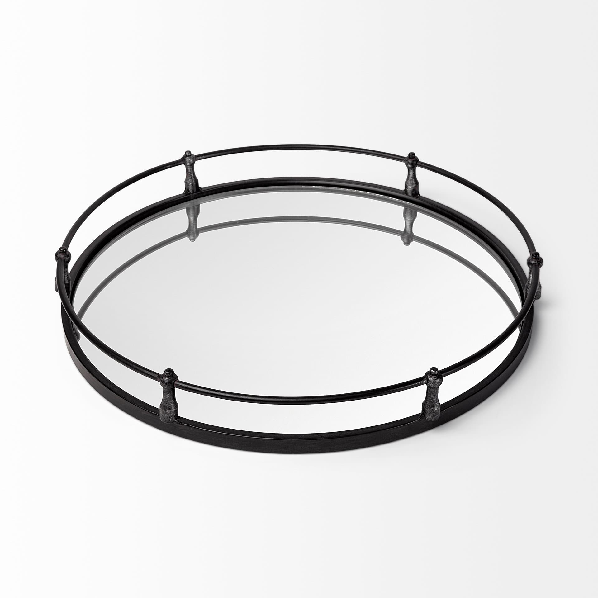 Kimbel 24L x 24W Black Metal Mirrored Base Round Tray — product photograph