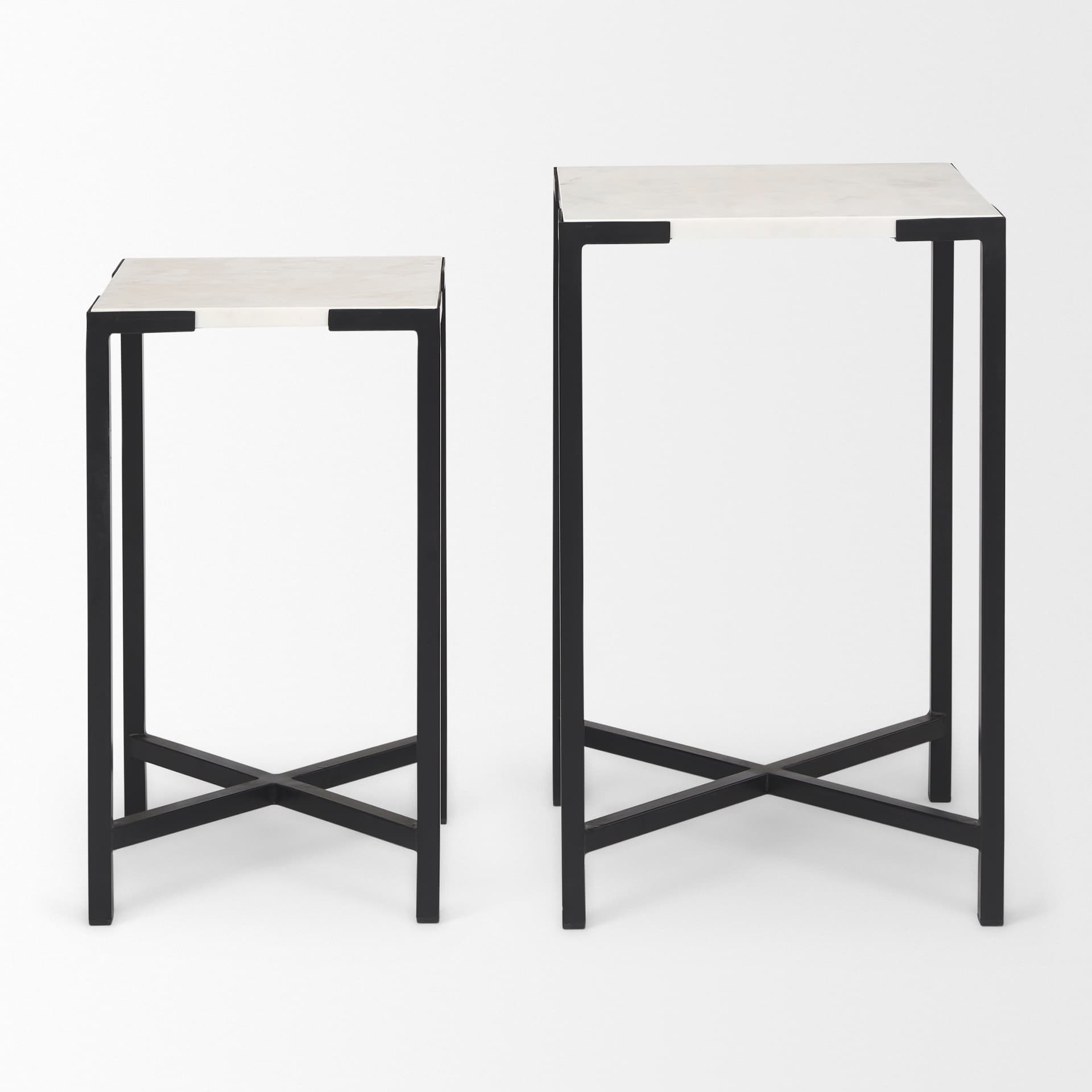 Lucas III (Set of 2) 15L x 15W; 12L x 12W White Marble W/Black Iron Frame Accent Tables — product photograph
