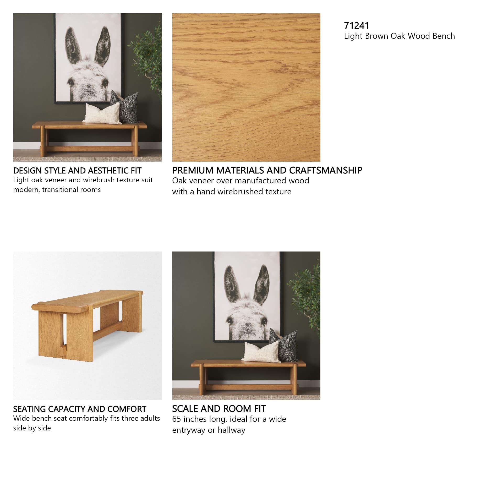 Rowan Light Brown Oak Wood Bench — in a styled room