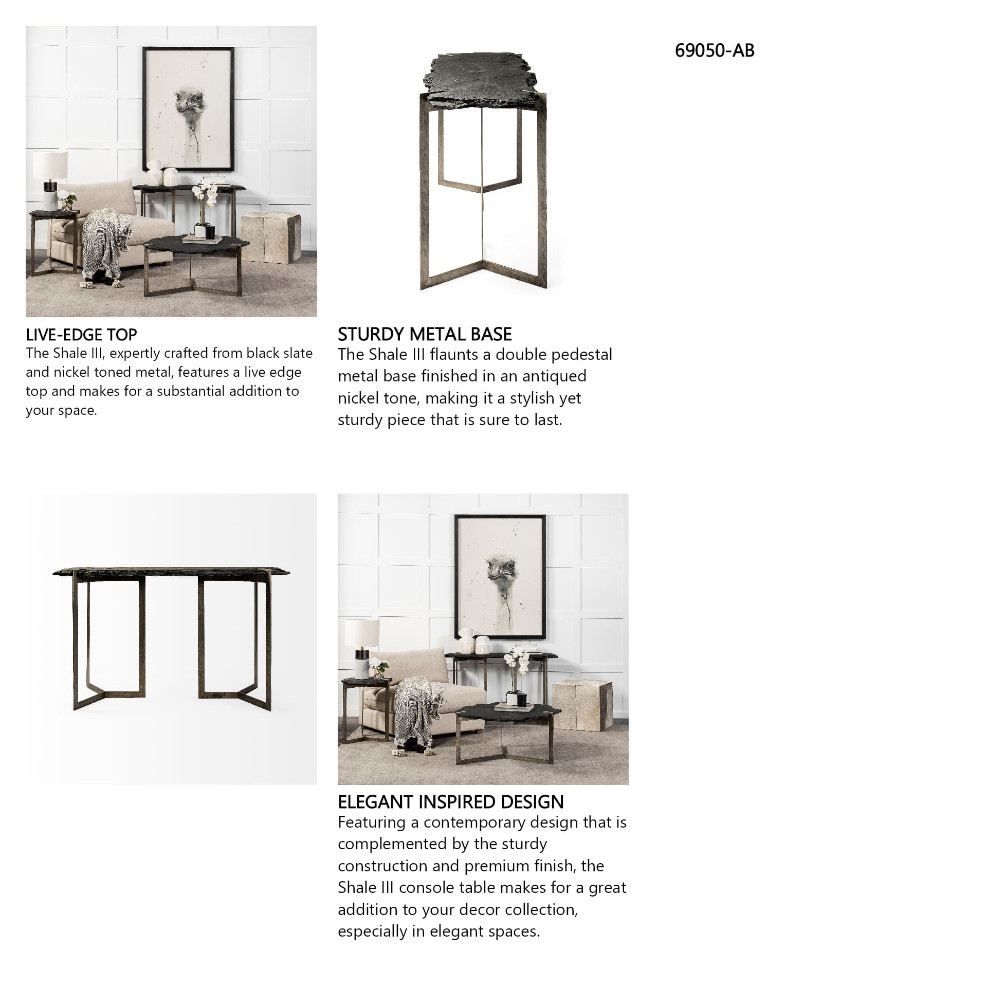 Shale III 50L x 20W Black Live-Edge Slate and Iron Console Table — in a styled room