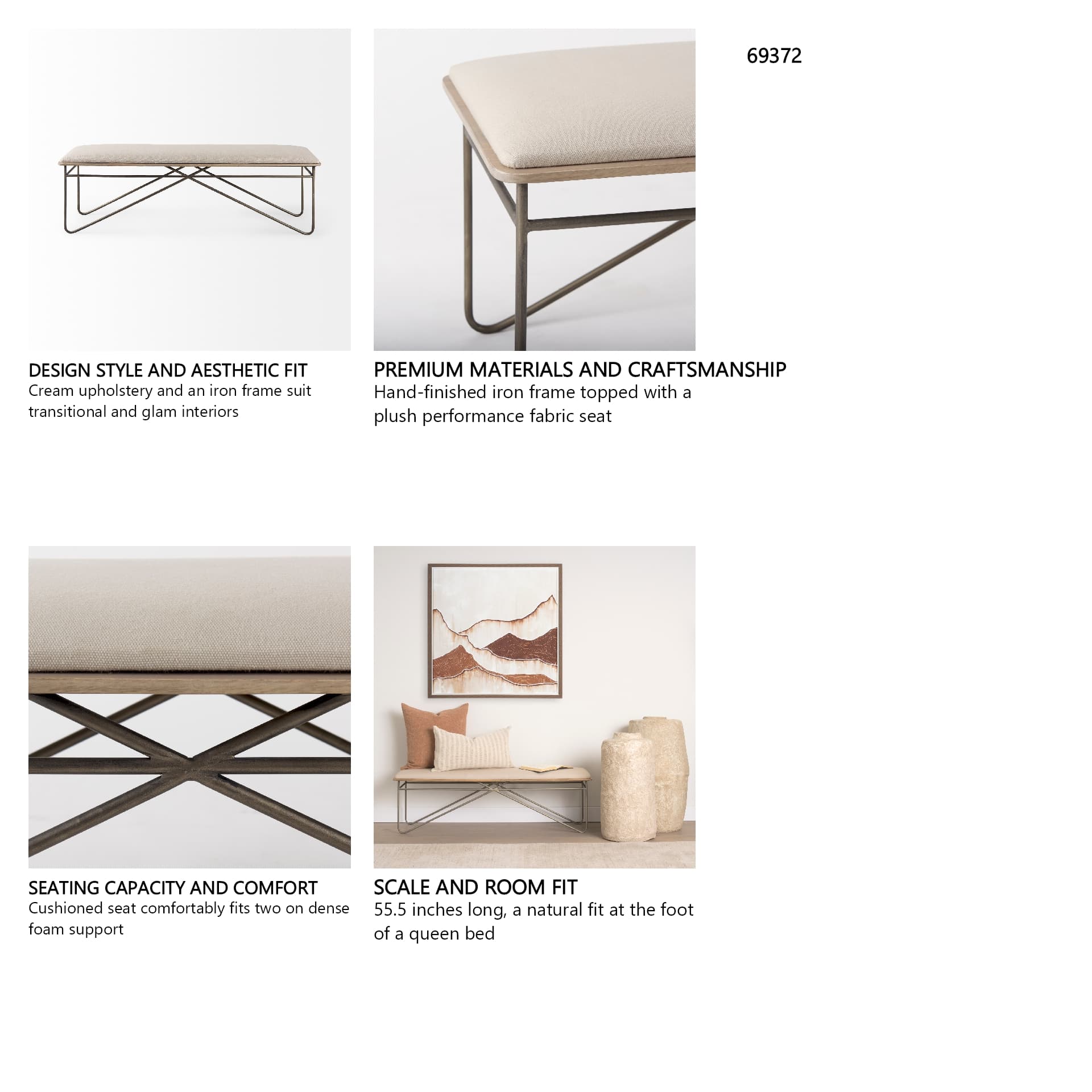 Camille 55.5L x 16.0W x 17.0H Cream Fabric Seat W/ Metal Frame Bench — in a styled room