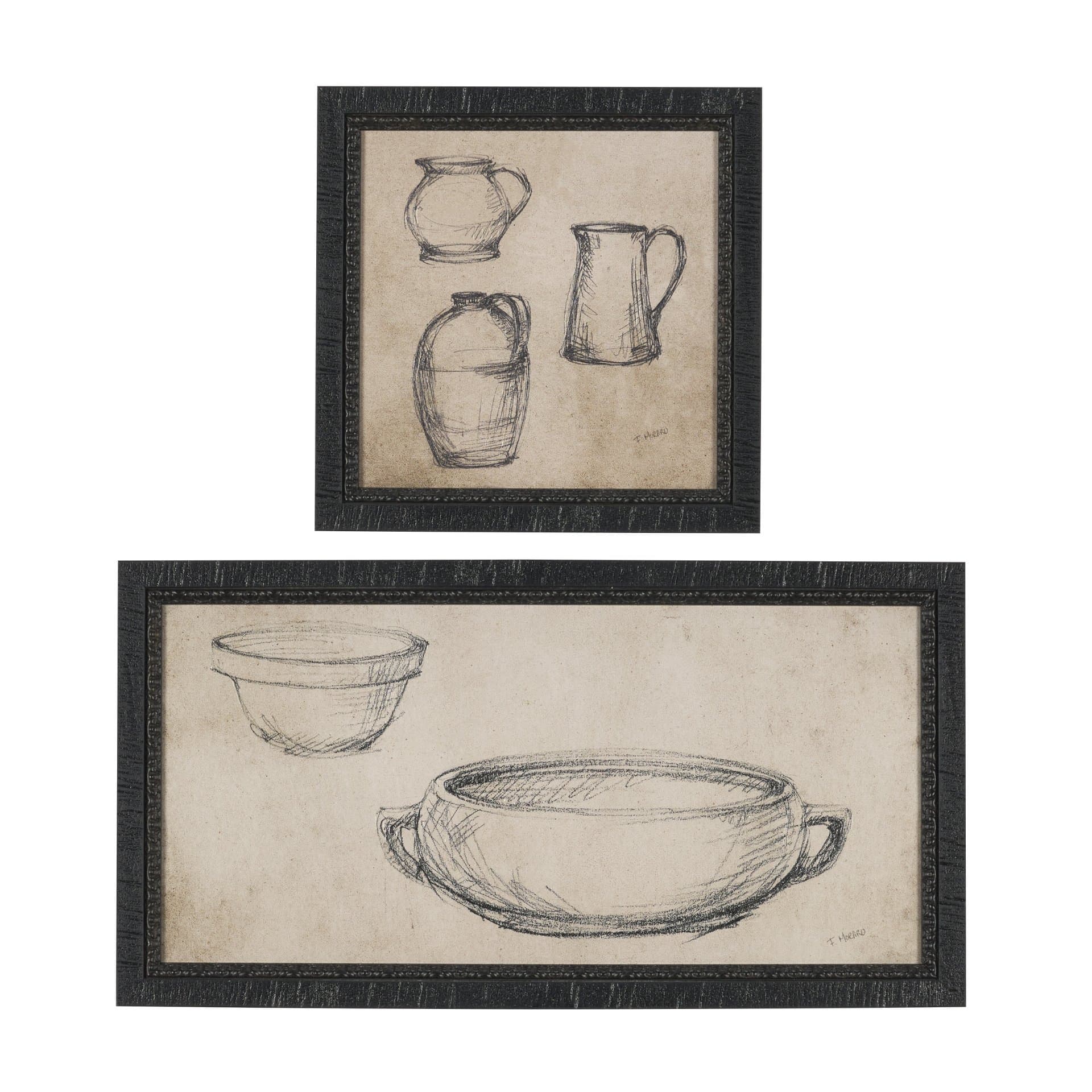 Vintage Tableware Sketch (Set of 2) by Mercana Studio Hand Embelished Textured Framed Canvas Matted — product photograph