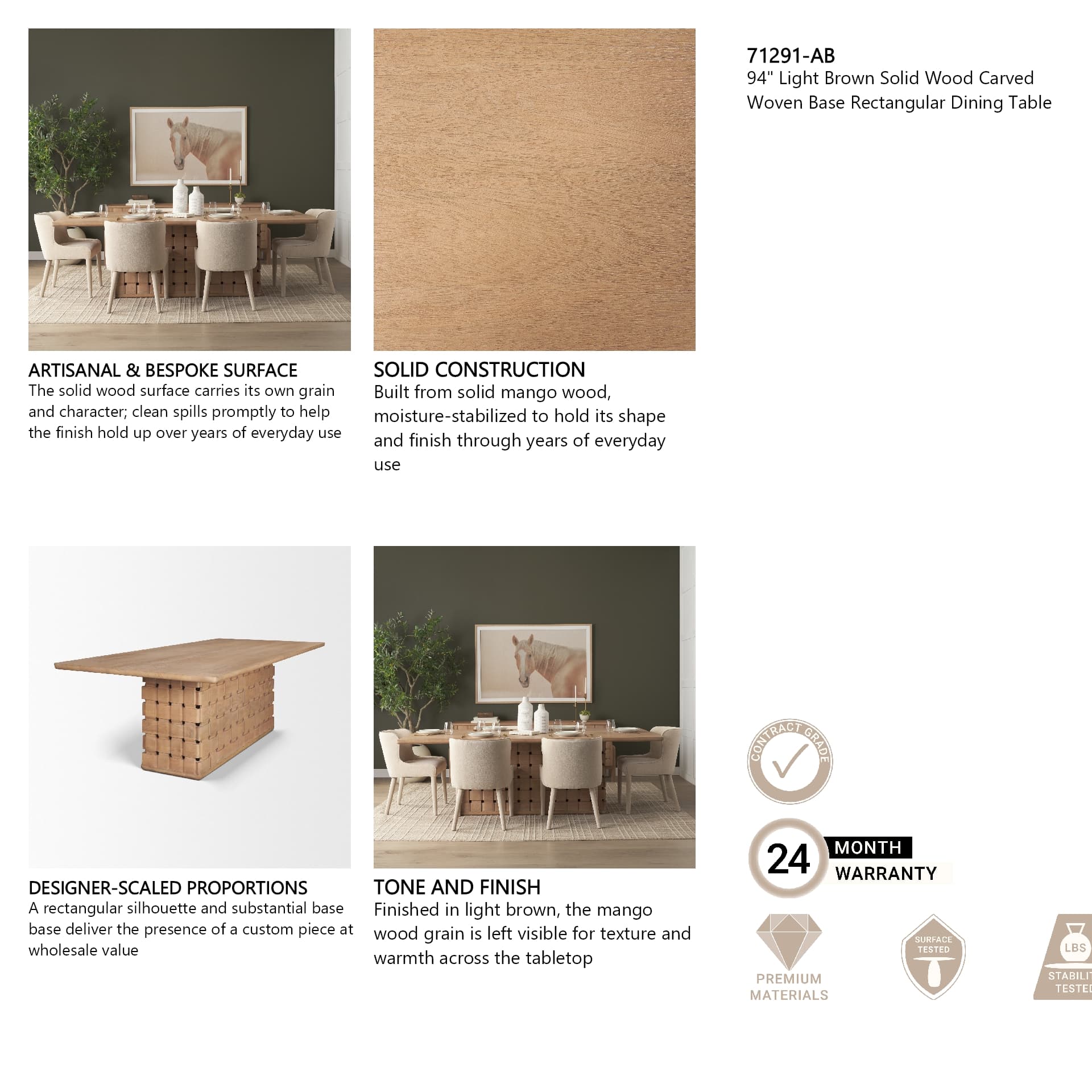 Trellyn 99"L x 44"W Rectangular Dining Table | Modern | Light Brown Wood | Seats 8 — product photograph