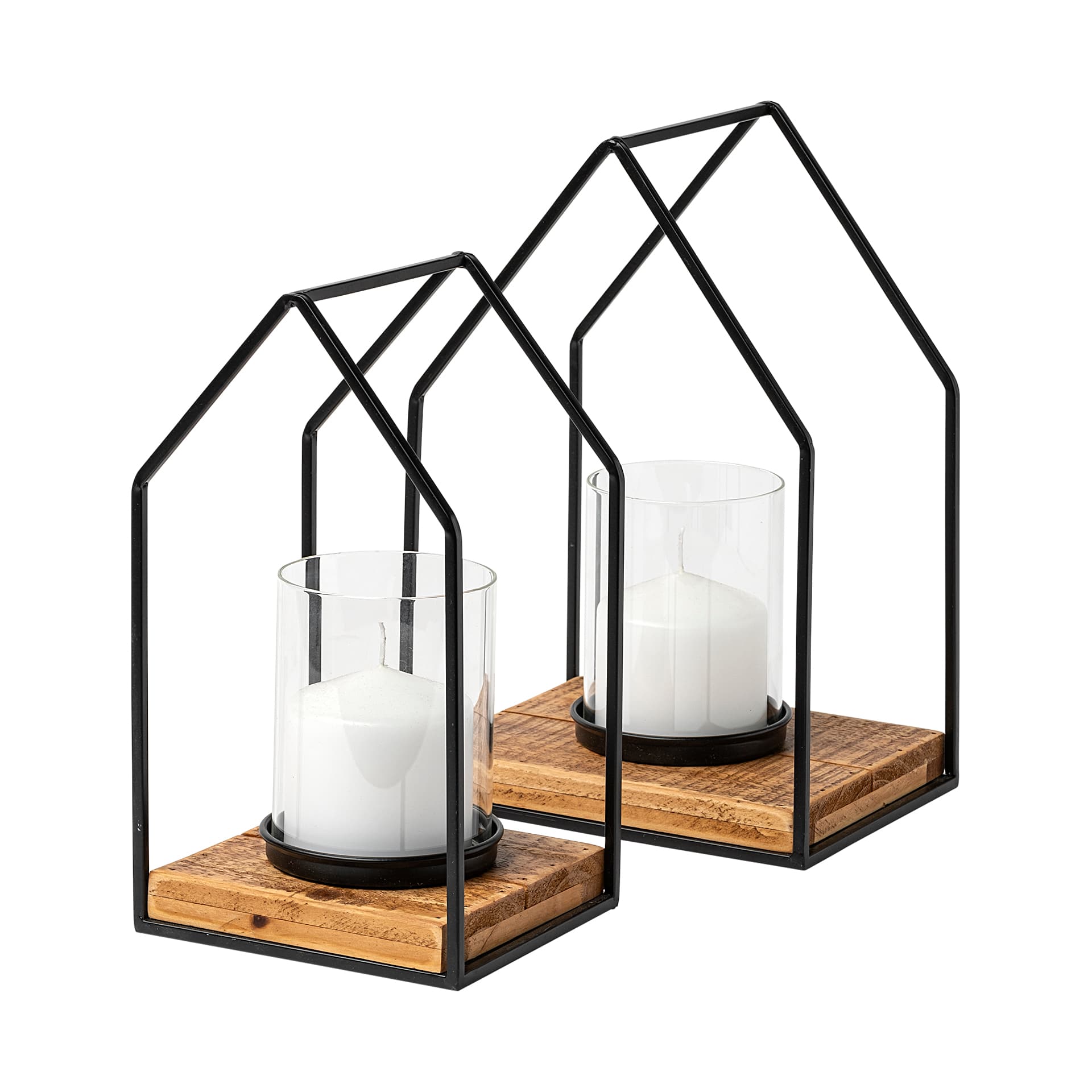 Leopold Set of Two Black Metal Wooden Base Table Candle Holders — product photograph