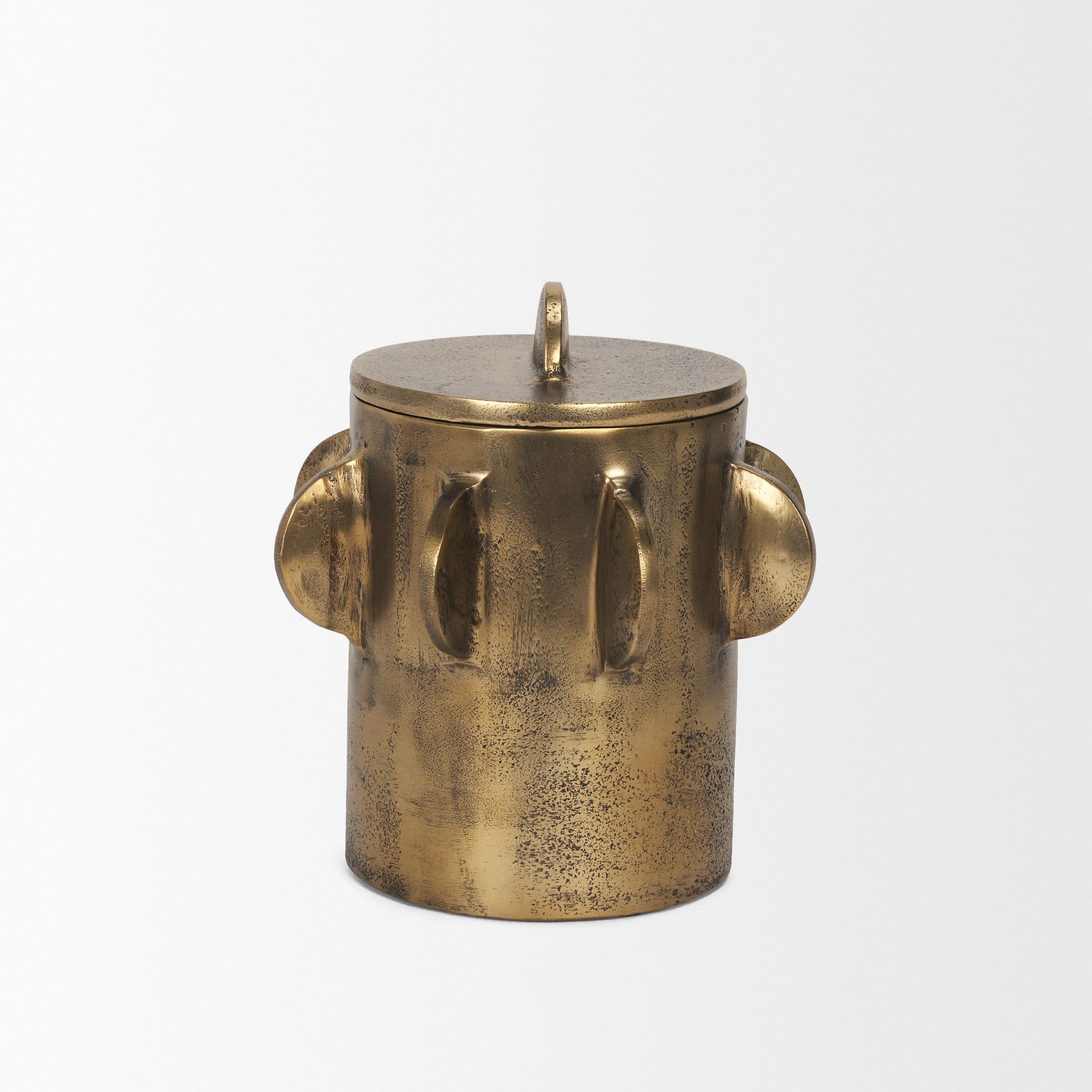 Deacon Small Antiqued Gold Metal Canister with Sculptural Handles — product photograph
