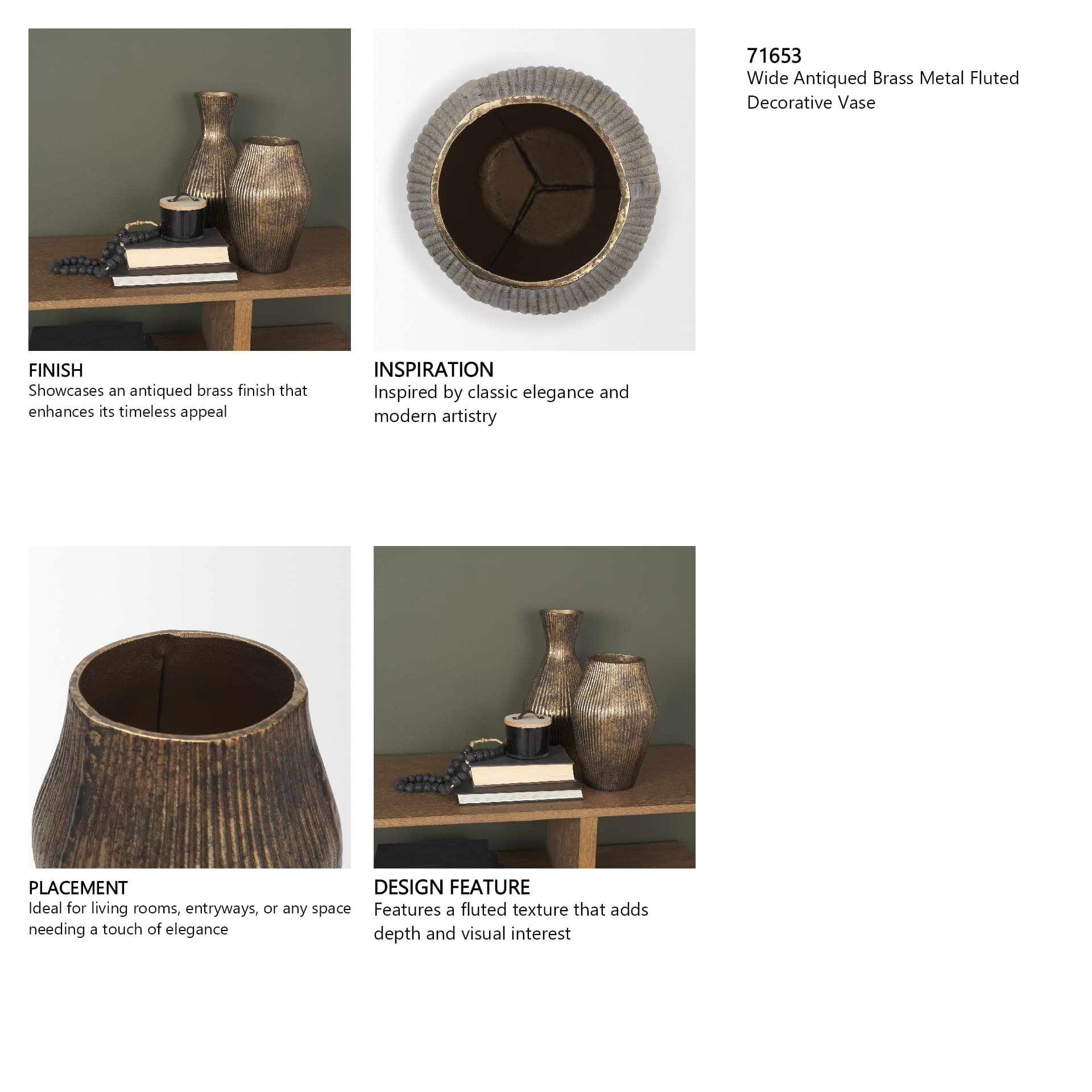 Patine Wide Antiqued Brass Metal Fluted Decorative Vase — in a styled room