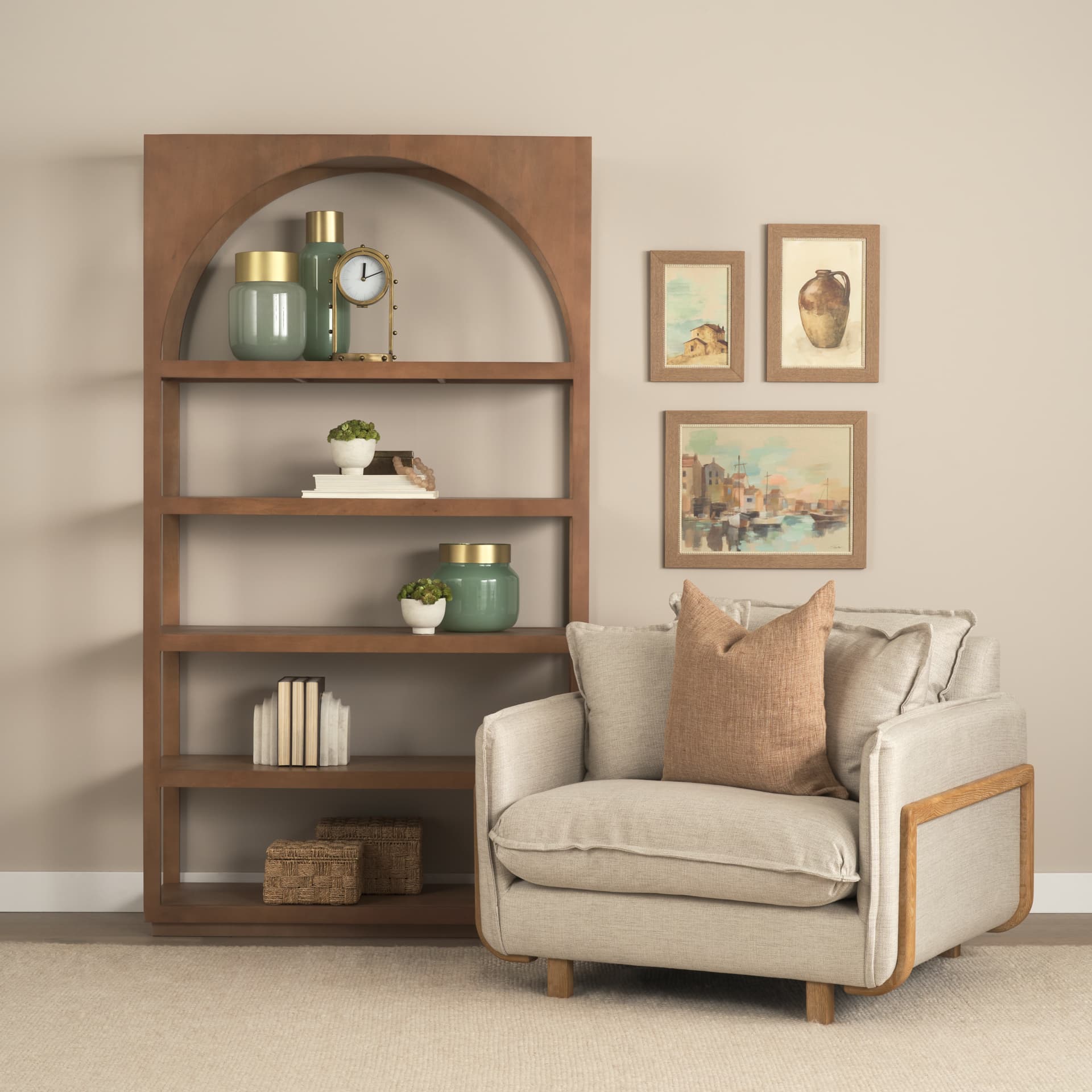 Roy II Beige Upholstered and Brown Wood Frame Arm Chair — product photograph