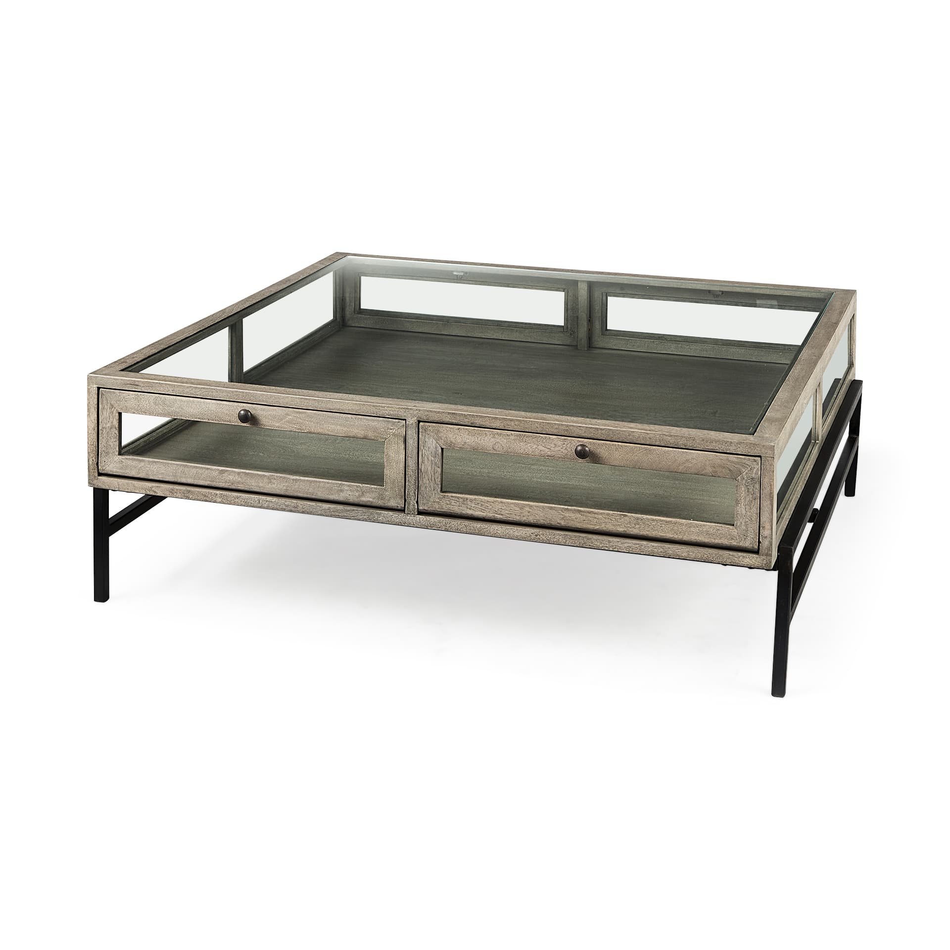 Arelius 42" Square Glass-Top Gray Wood w/ Black Metal Base Display Coffee Table — product photograph