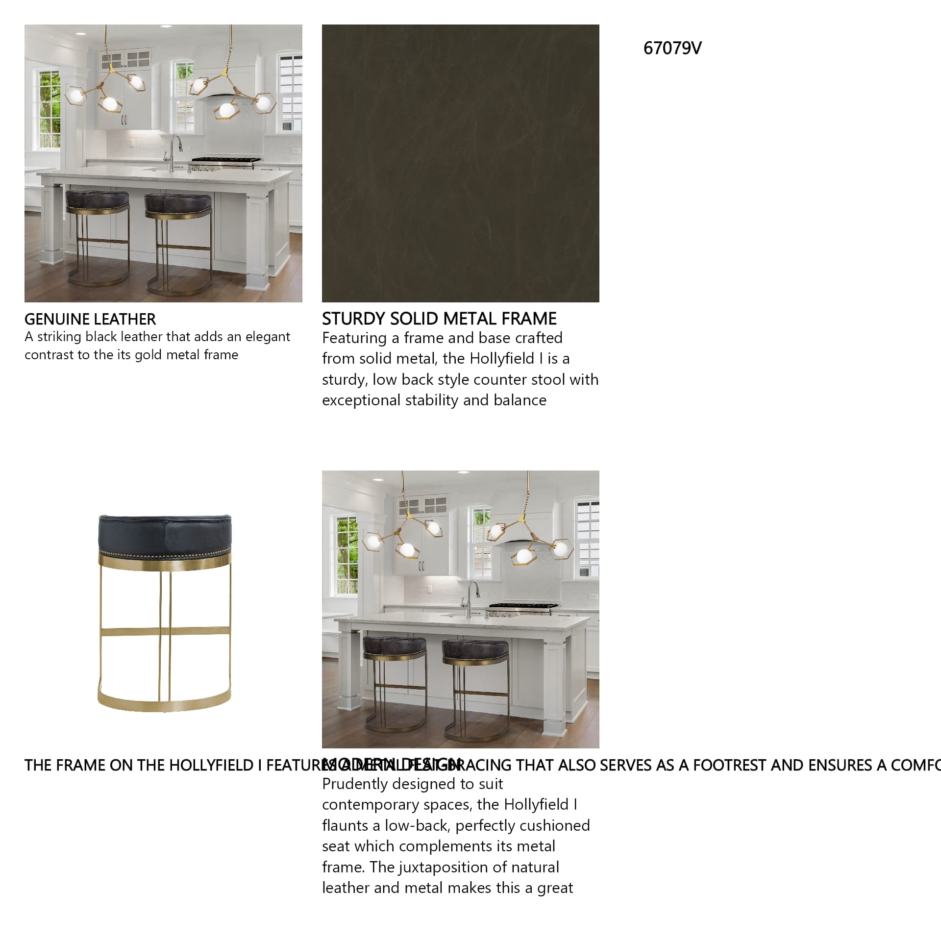 Hollyfield Low Back 24.75in Seat Counter Stool | Black Leather — product photograph