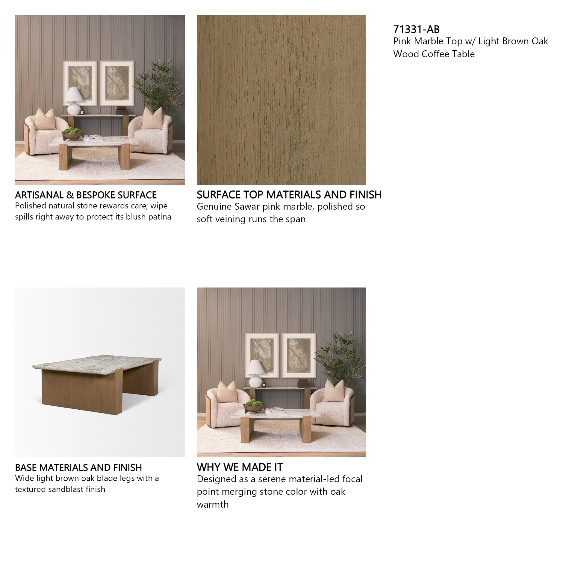 Milos Pink Marble Top w/ Light Brown Oak Wood Coffee Table — in a styled room