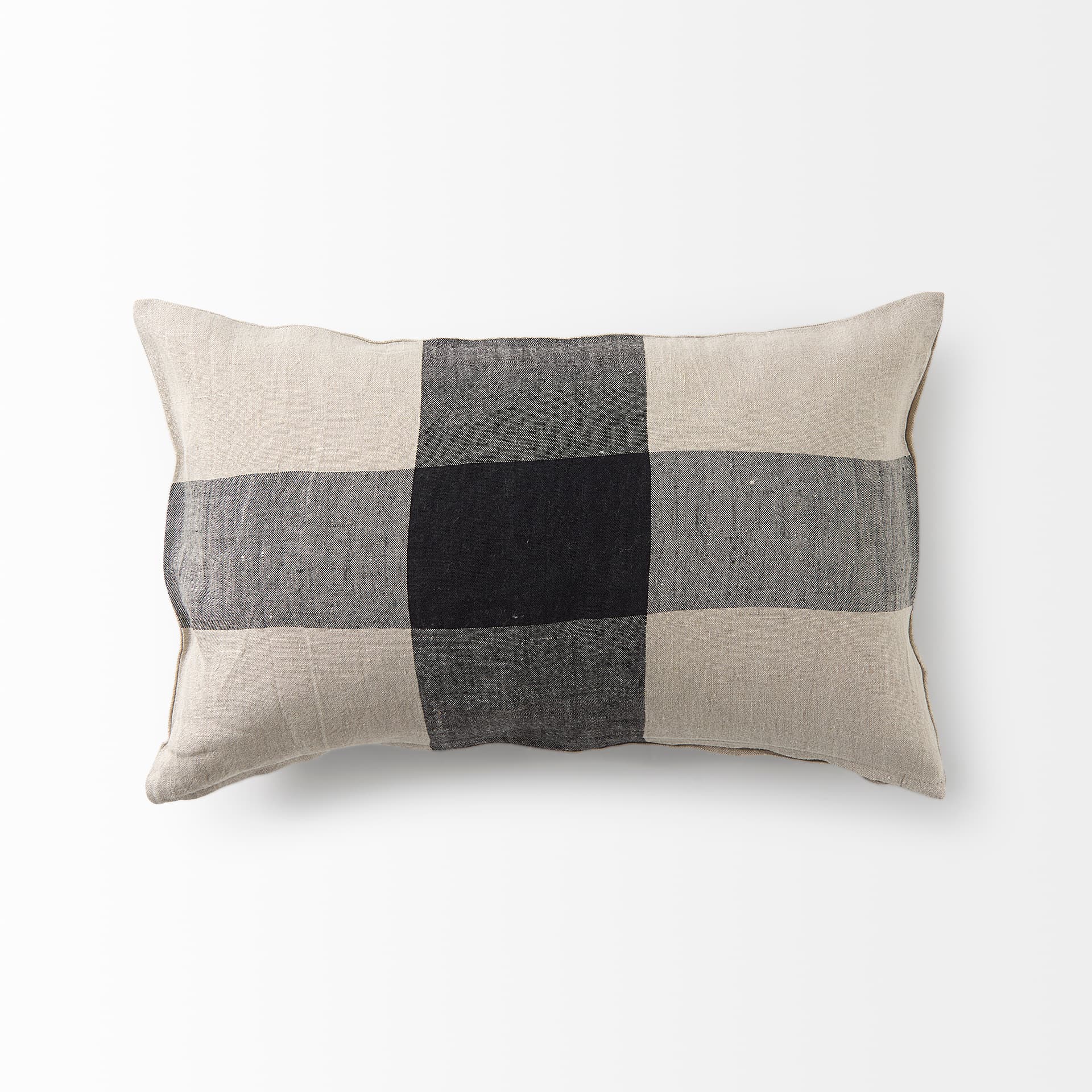 Raquel 13x21 Beige and Black Fabric Plaid Pillow Cover w/Down Filler — product photograph