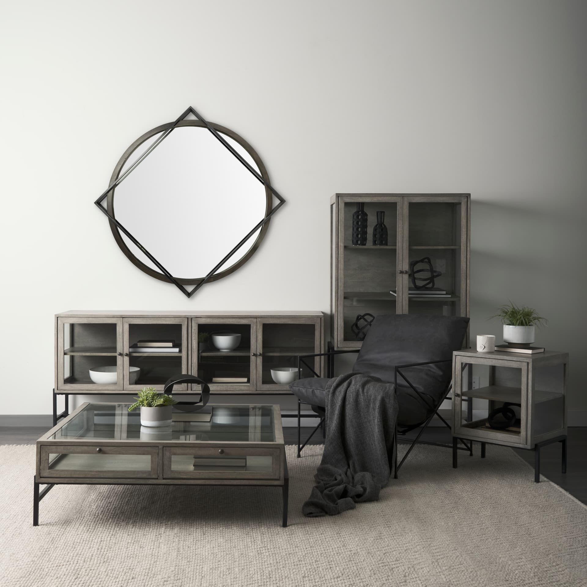 Norbert 46" Round-Square Black Wood/Metal Frame Mirror — product photograph