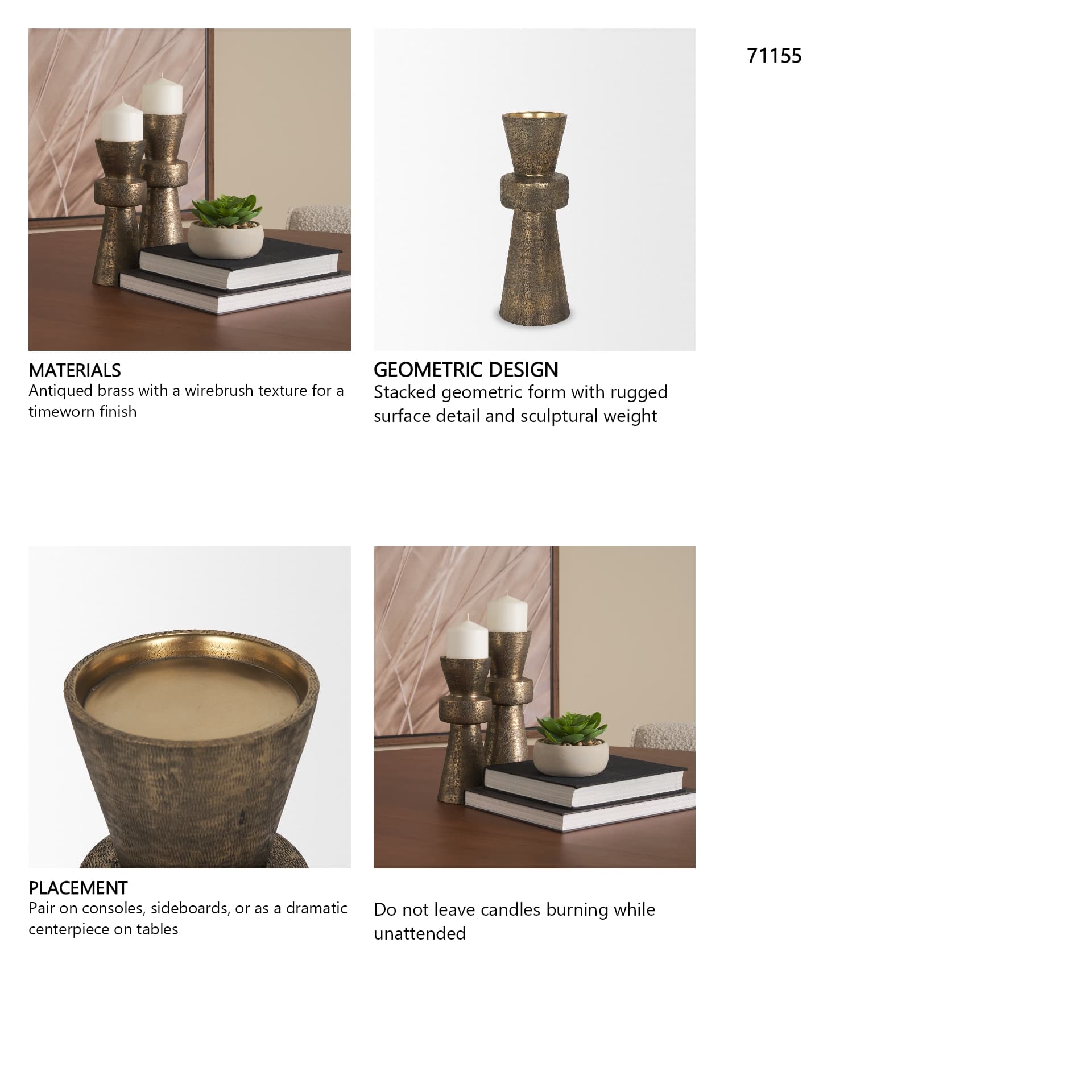 Odilia Large Textured Antiqued Gold Metal Geometric Pillar Candle Holder — in a styled room