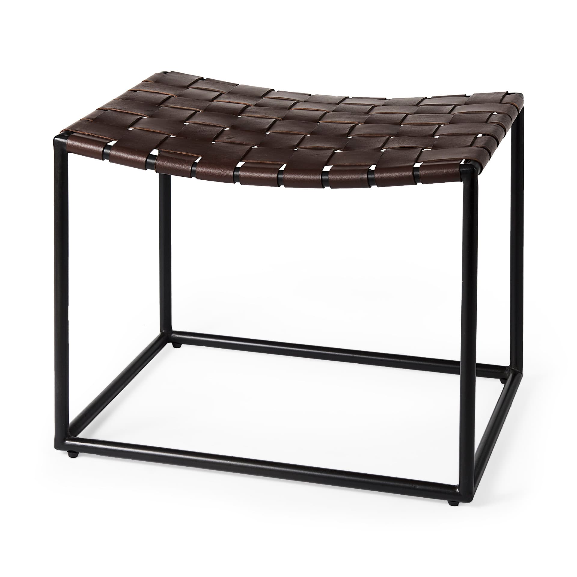 Clarissa 22.0L x 16.0W x 16.5H Brown Leather Woven Seat W/ Black Metal Frame Stool — product photograph