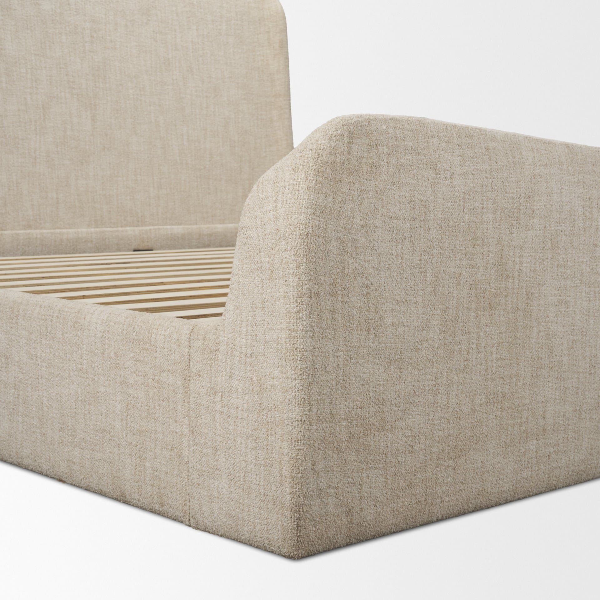 Solene King Upholstered Bedframe w/ Footbed | Curved Headboard | Oatmeal Fabric — product photograph