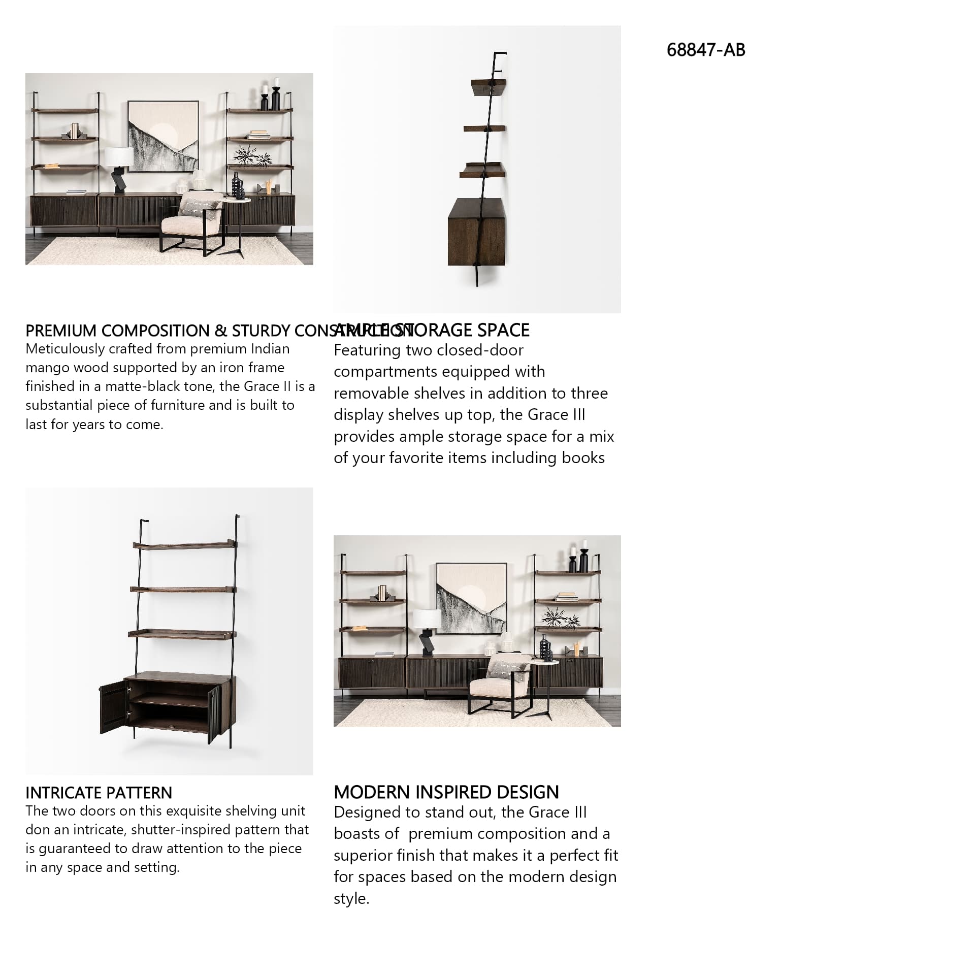 Grace 37.5L x 20W x 82H Two-Toned Brown Wood Three Shelf Shelving Unit — in a styled room