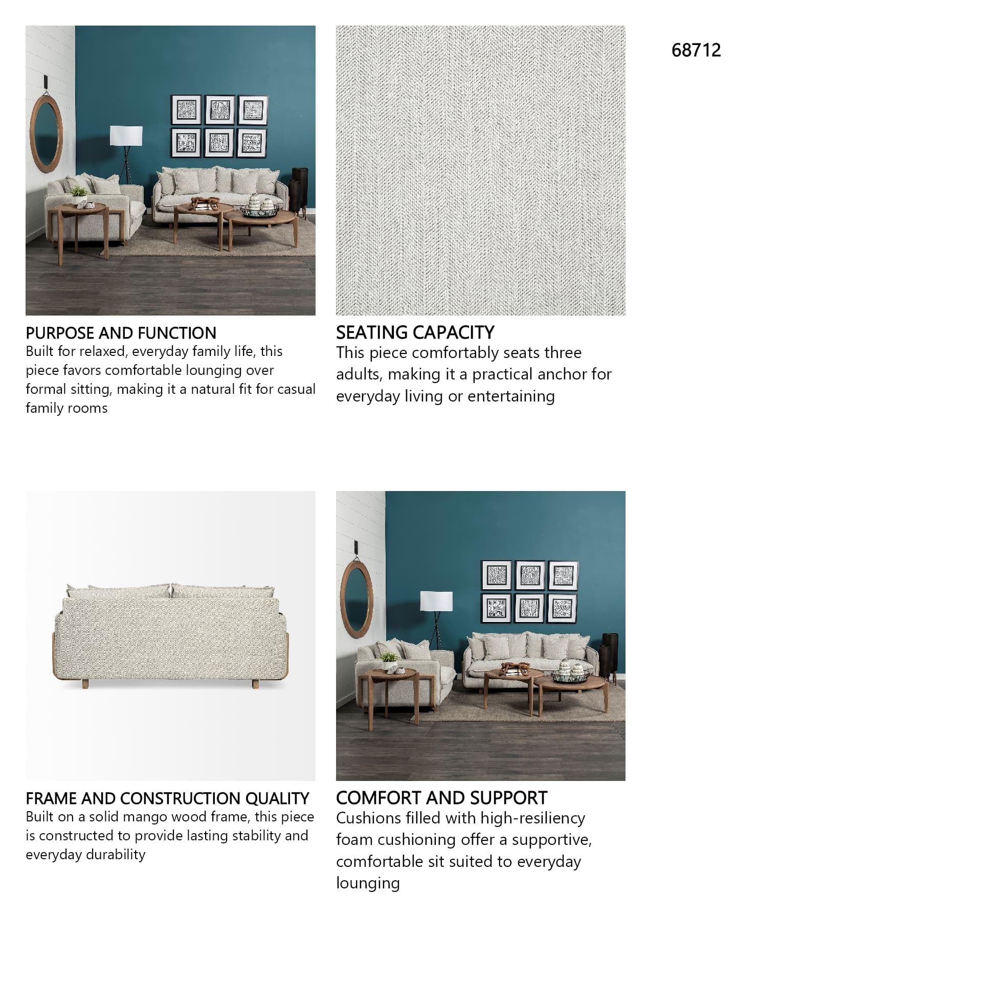 Roy I 84" Frost Gray Upholstered Three Seater Sofa — in a styled room