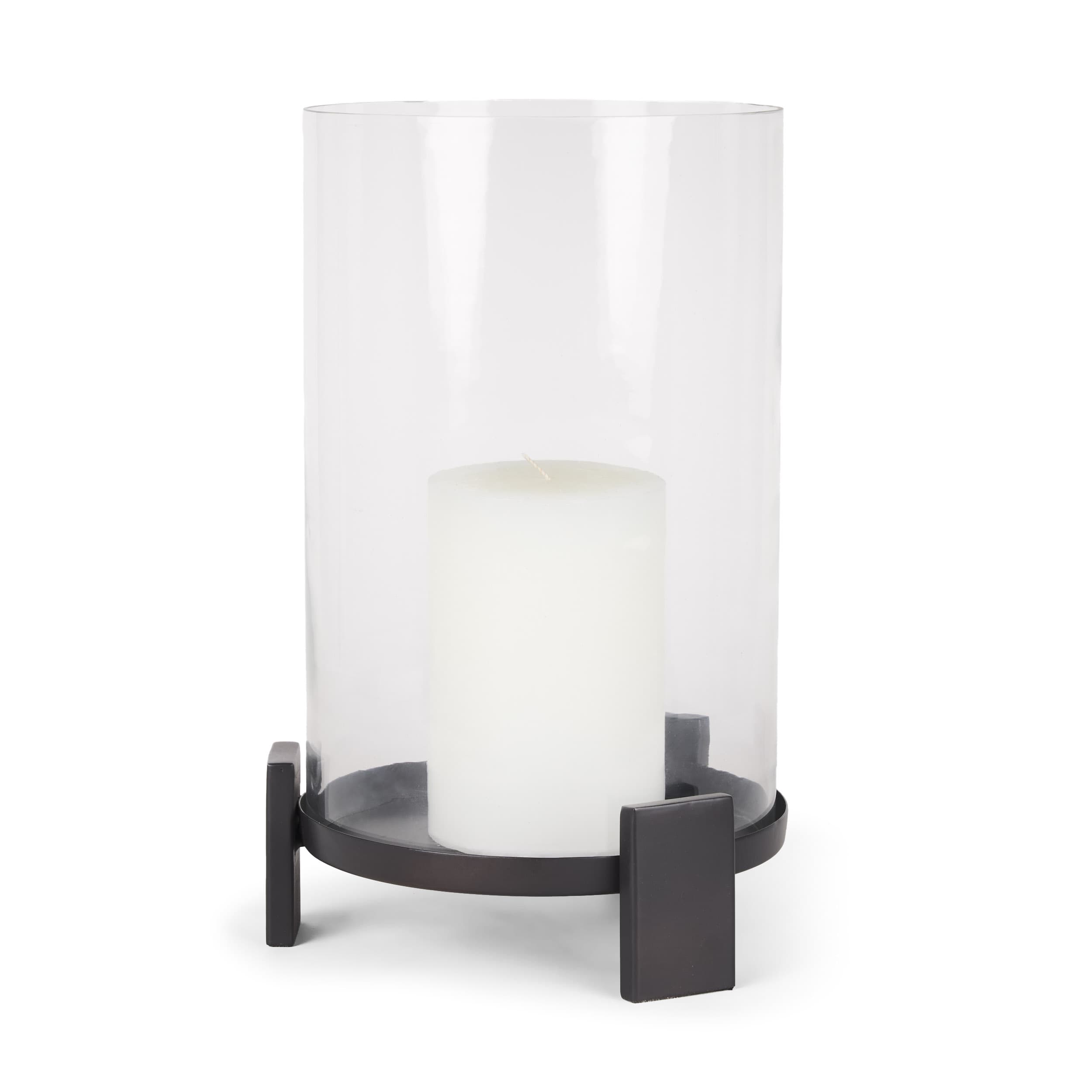 Price Large Matte Black-Brown Metal w/ Glass Hurricane Candle Holder — product photograph