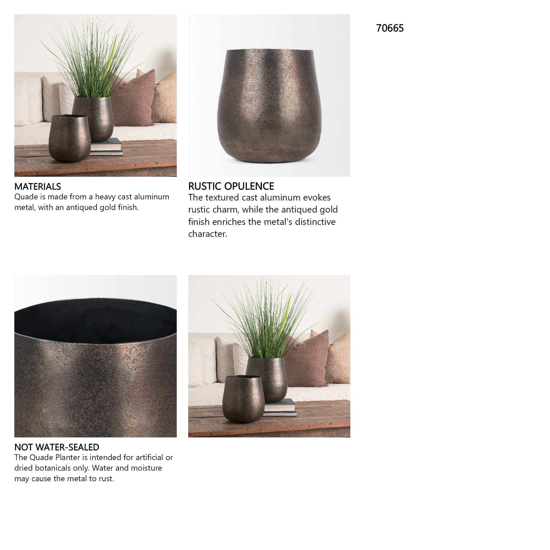 Quade Small Gold Metal Planter — in a styled room