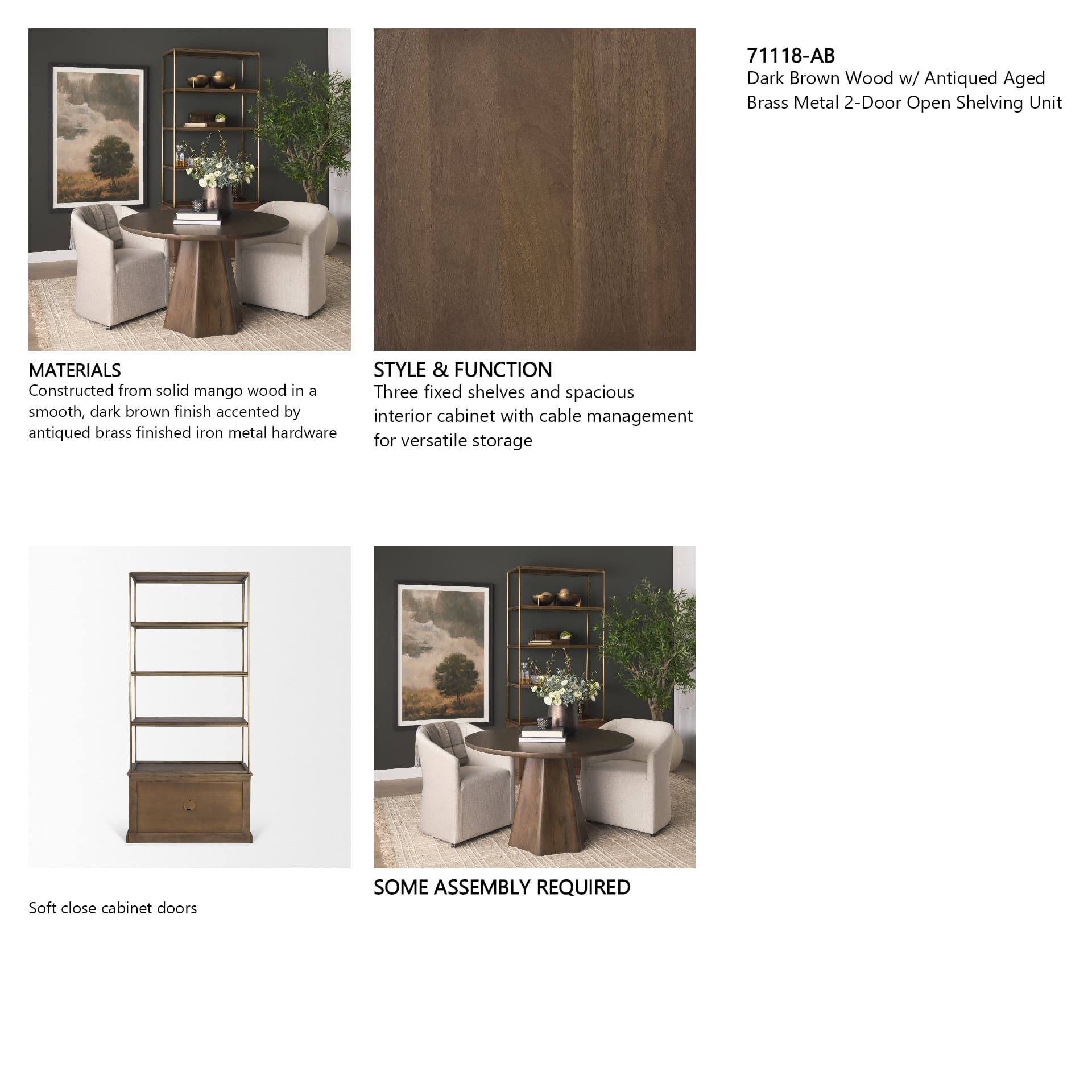Baron Dark Brown Wood w/ Antiqued Aged Brass Metal 2-Door Open Shelving Unit — in a styled room