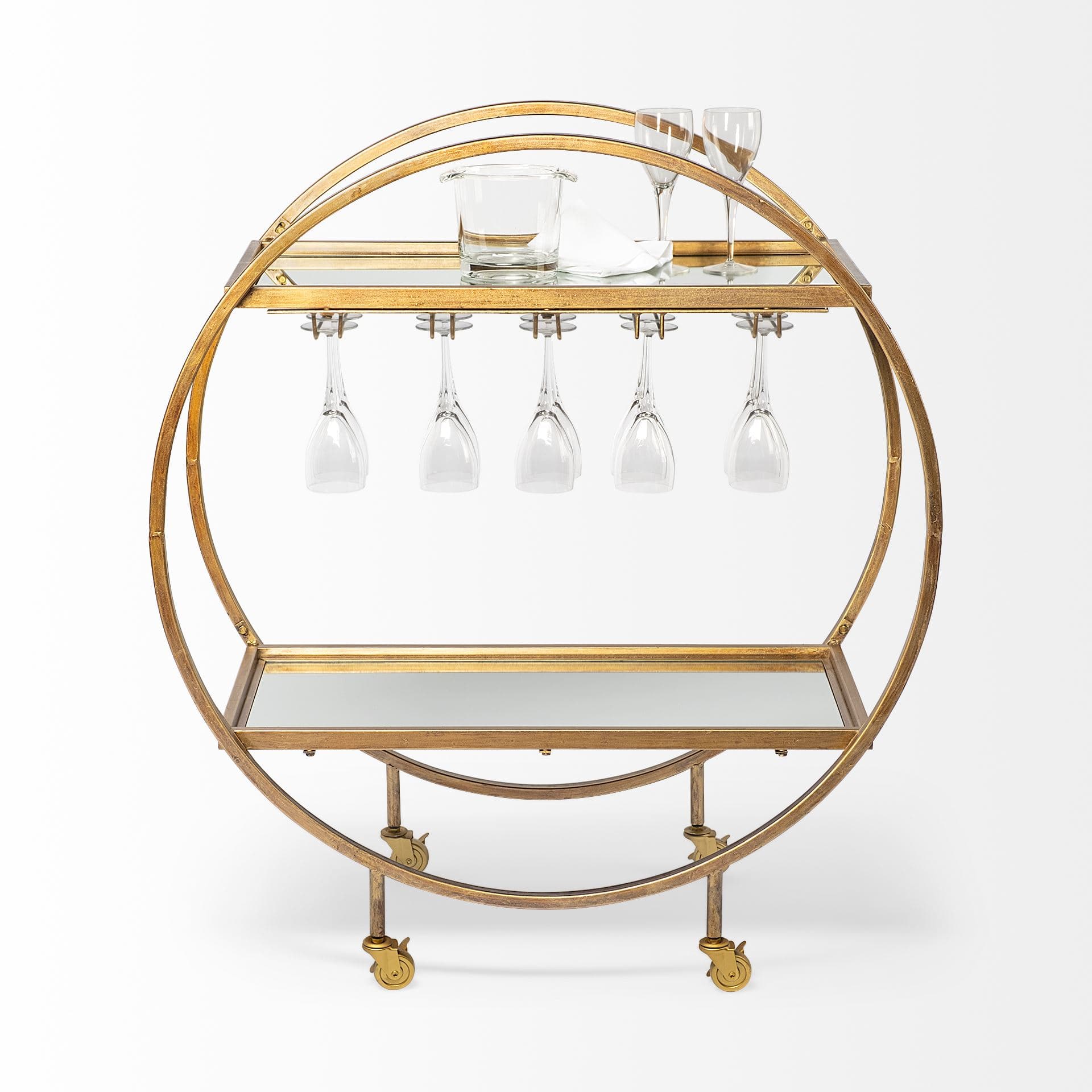 Carola Gold Frame Two-Tier Glass Shelves w/Stemware Holder Bar Cart — product photograph