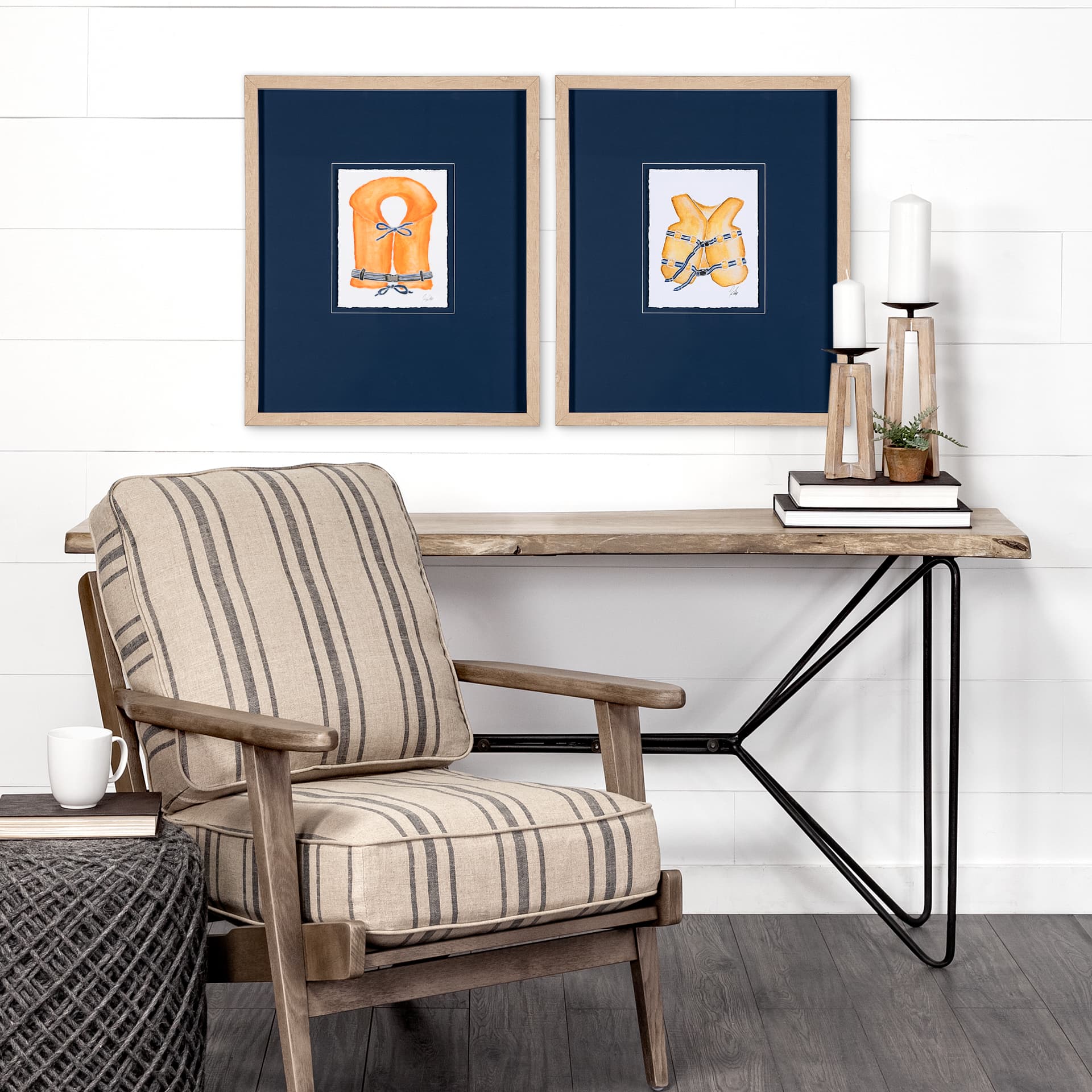 Lifejacket I by Mercana Studio a Hand Embellished Textured Framed Art Print Matted under Glass — in a styled room