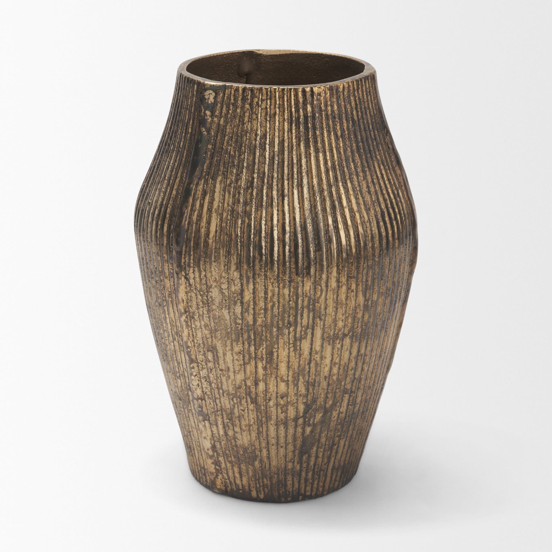 Patine Wide Antiqued Brass Metal Fluted Decorative Vase — product photograph