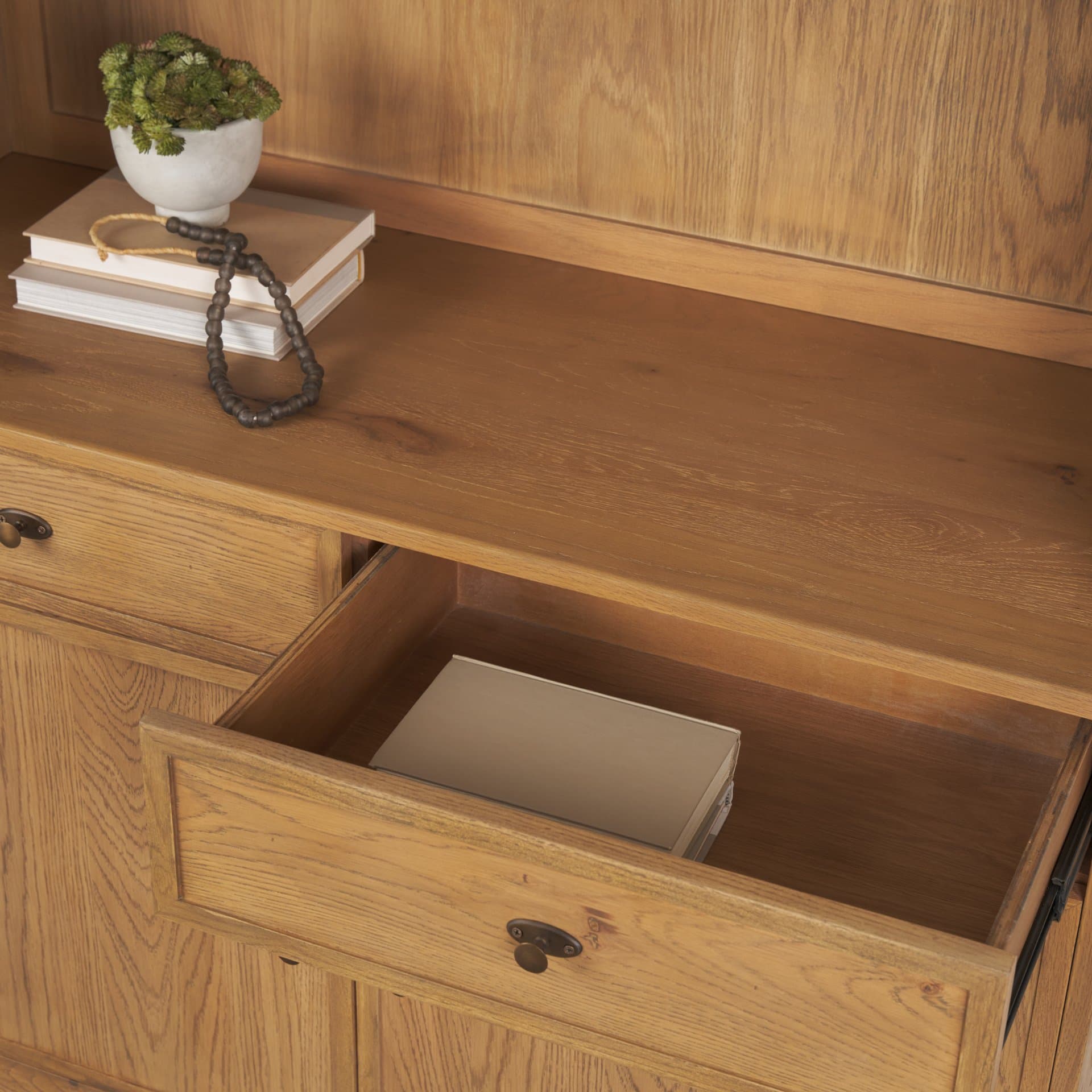 Carrington 85" Sideboard & Hutch | Brown Oak Wood w/ Brass Hardware — product photograph