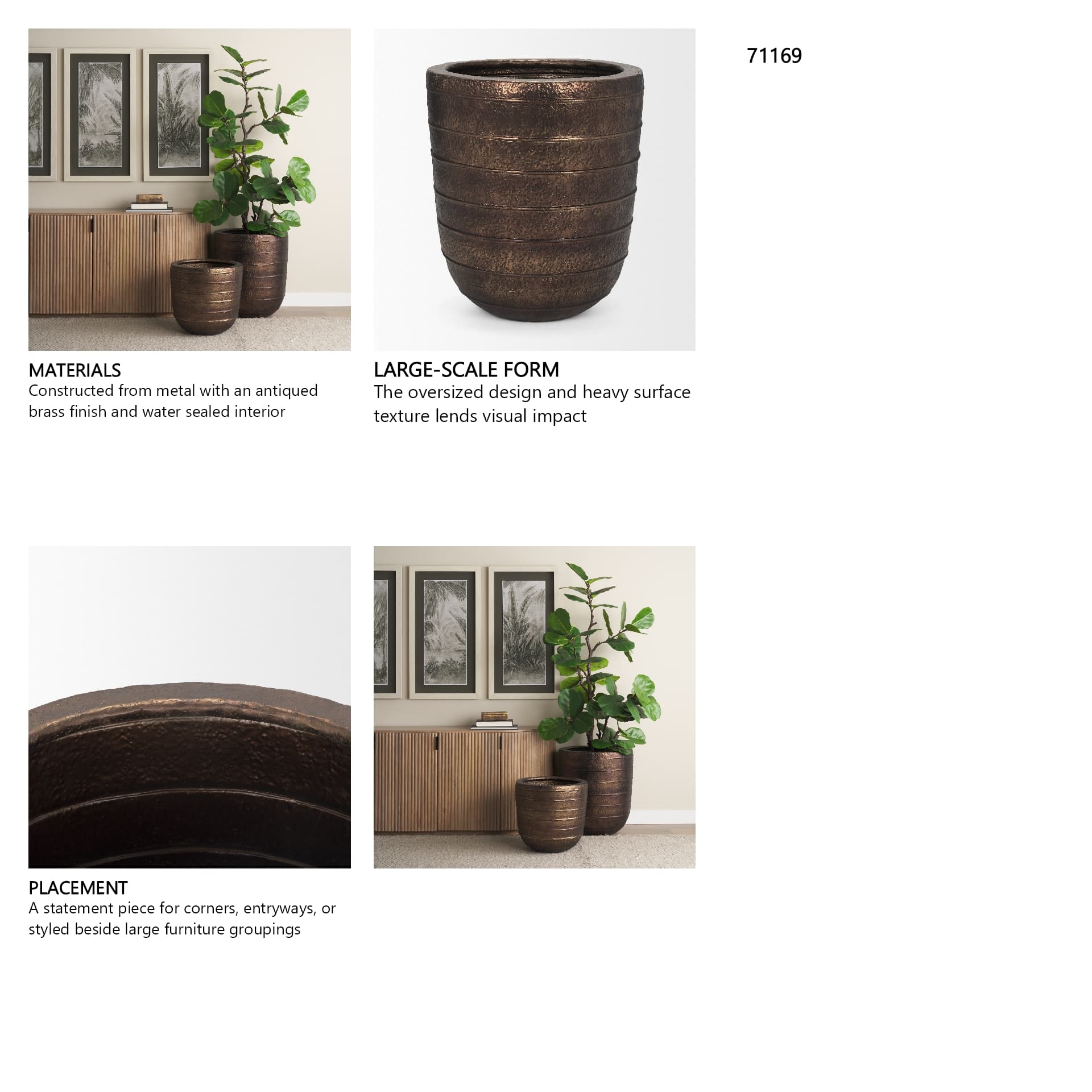 Aivana Extra Large Antiqued Gold Metal Floor Vase — in a styled room