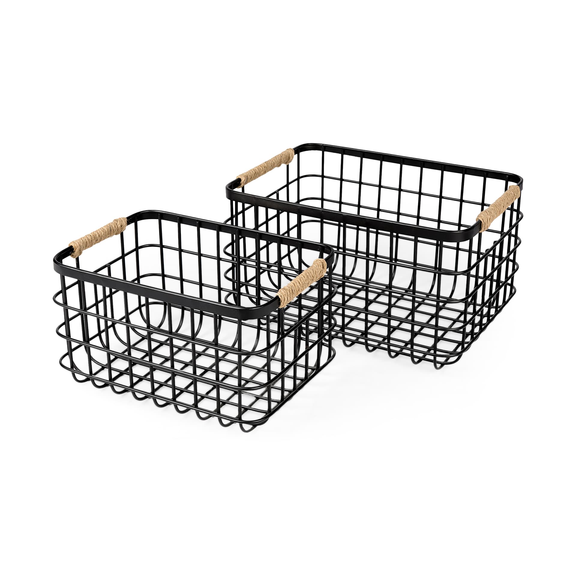 Marius (Set of 2) Matte Black Metal W/ Rope Trim Rectangular Baskets — product photograph
