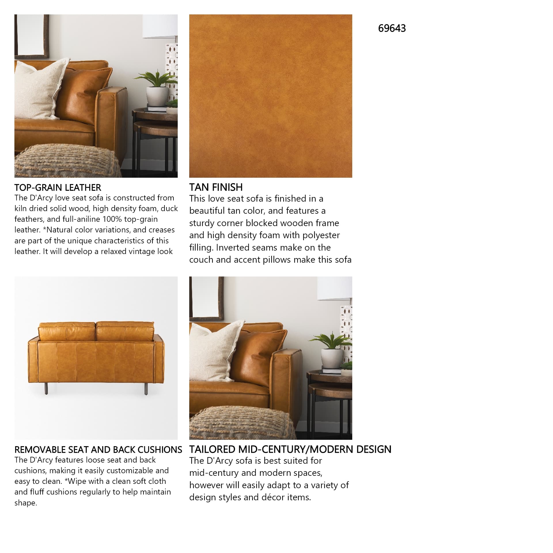 D'Arcy 65.0L x 37.0W x 34.0H Tan Leather Love Seat — in a styled room