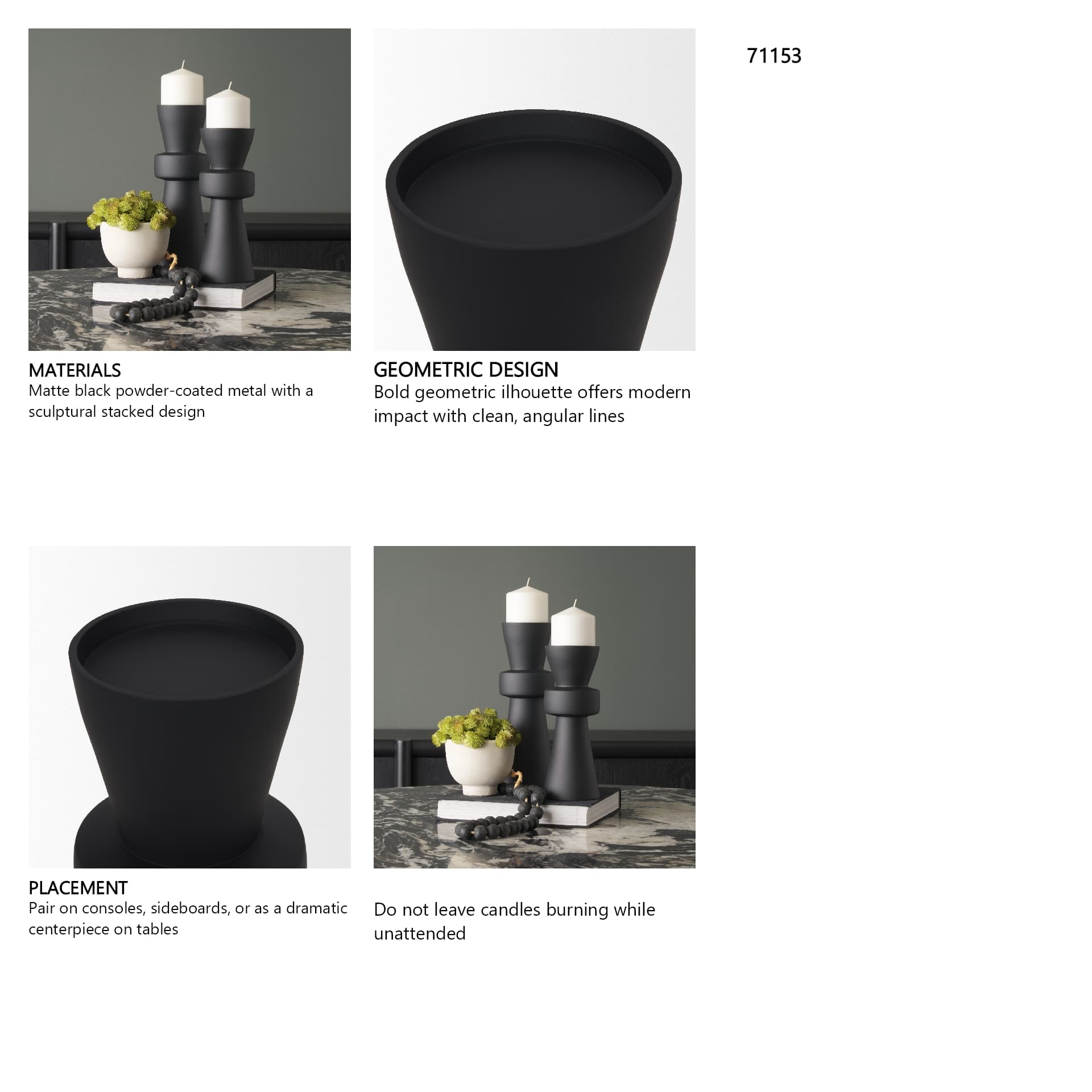 Odilia Large Smooth Matte Black Metal Geometric Pillar Candle Holder — in a styled room