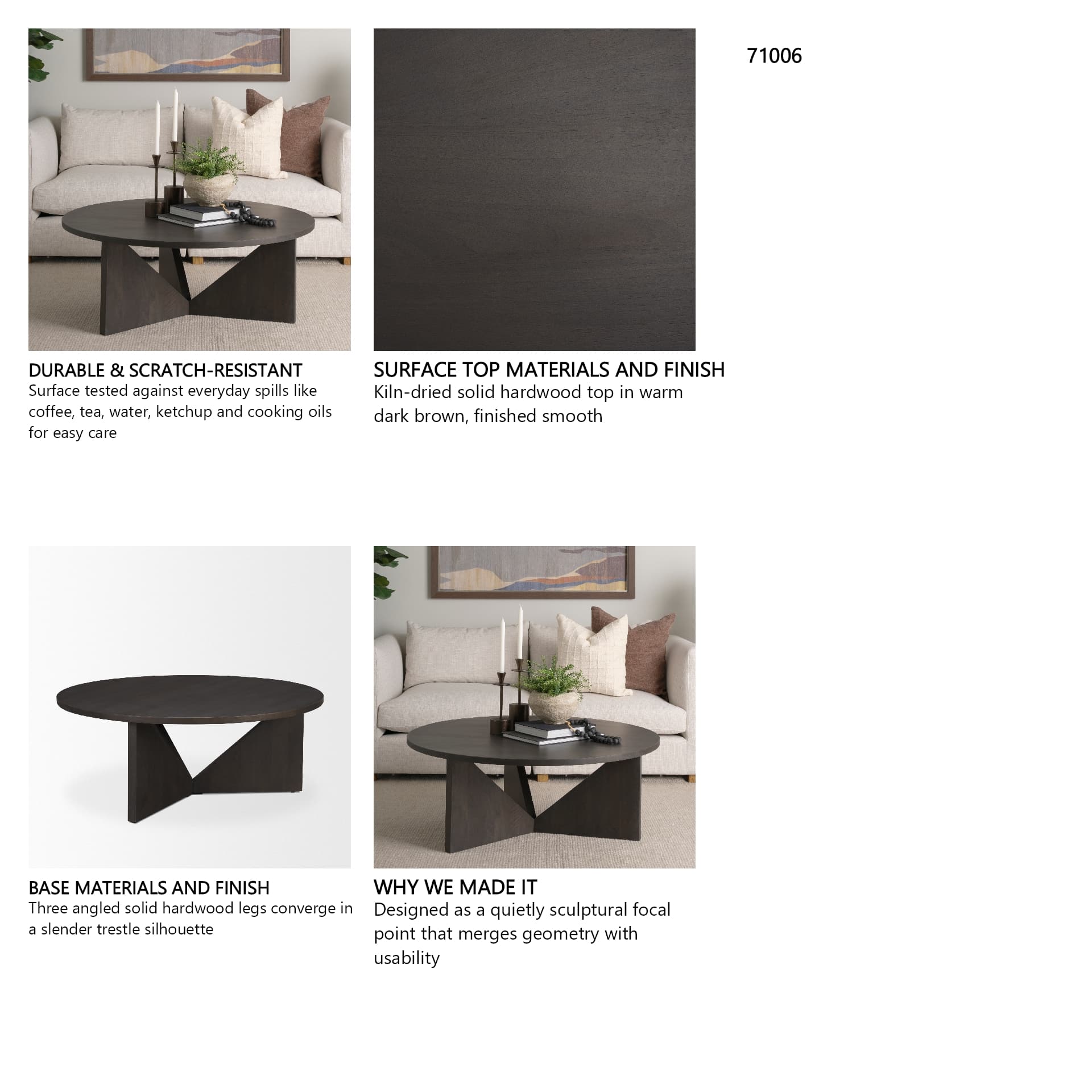 Tarro Brown Wood w/ Triangle Legs Coffee Table — in a styled room