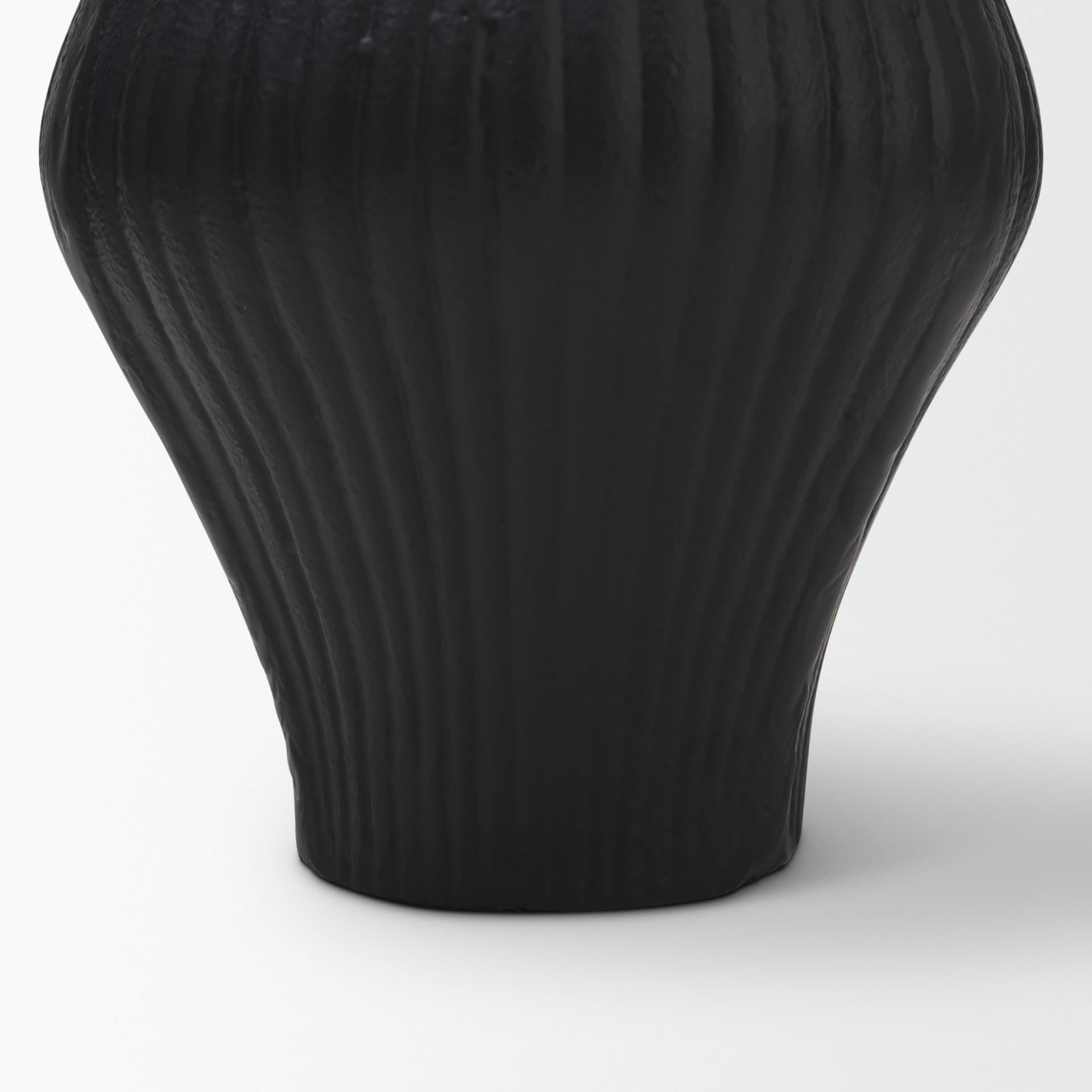 Patine Matte Black Metal Fluted Hourglass Decorative Vase — product photograph