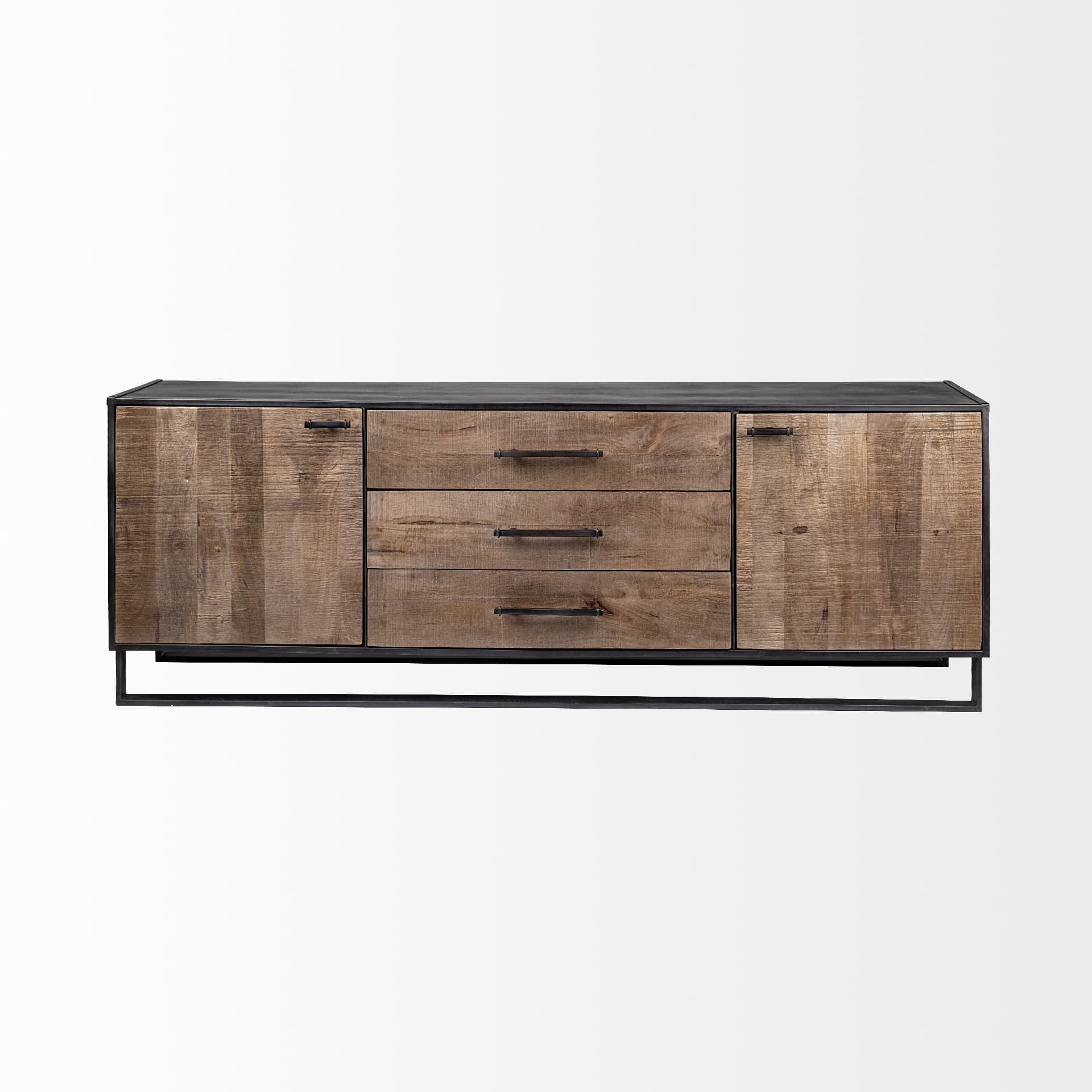 Alvin 82x20 Brown Solid Wood With Black Metal Frame 3 Drawer 2 Cabinet Door Sideboard — product photograph