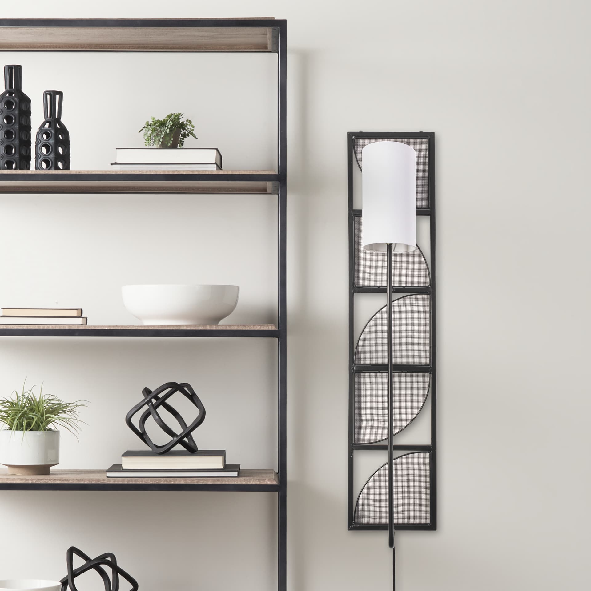Navin 10x46.5 Black Metal Body White Fabric Shade Rectangular Wall Sconce — product photograph