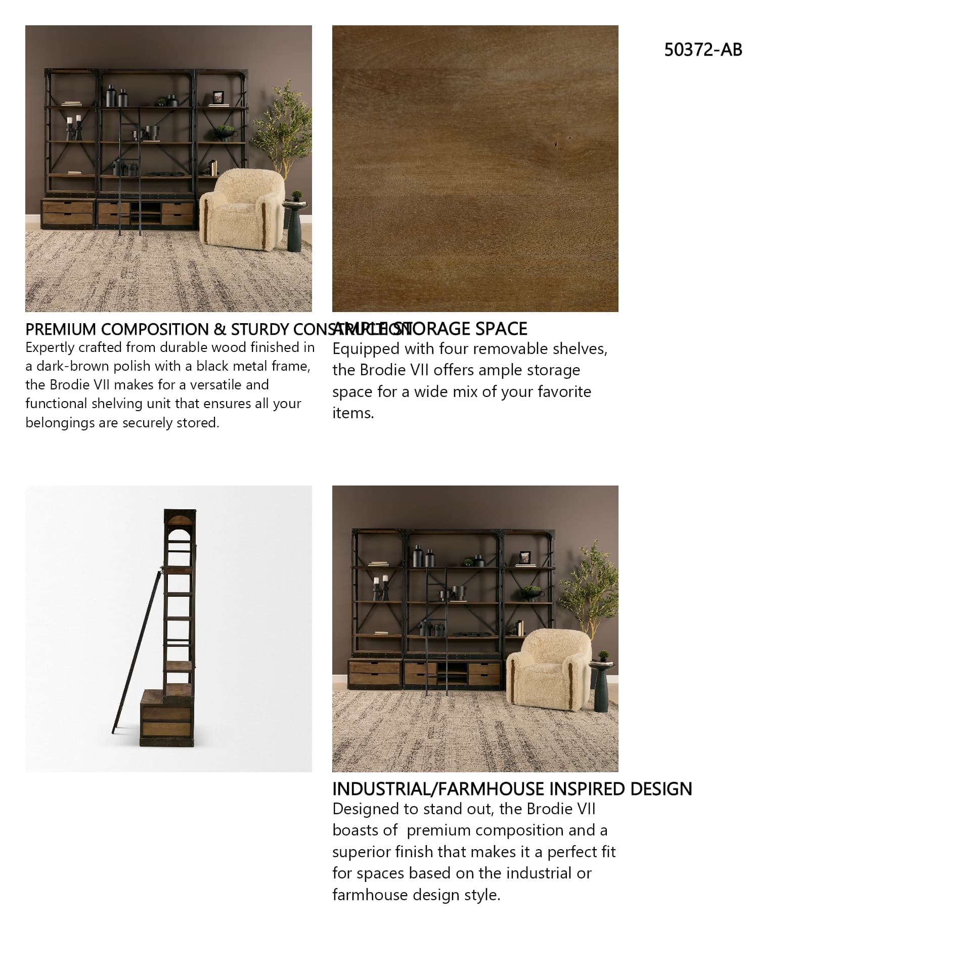 Brodie VII 32L x 22W x 94H Brown Wood Gun-Metal Bracing Four Shelf Shelving Unit — in a styled room