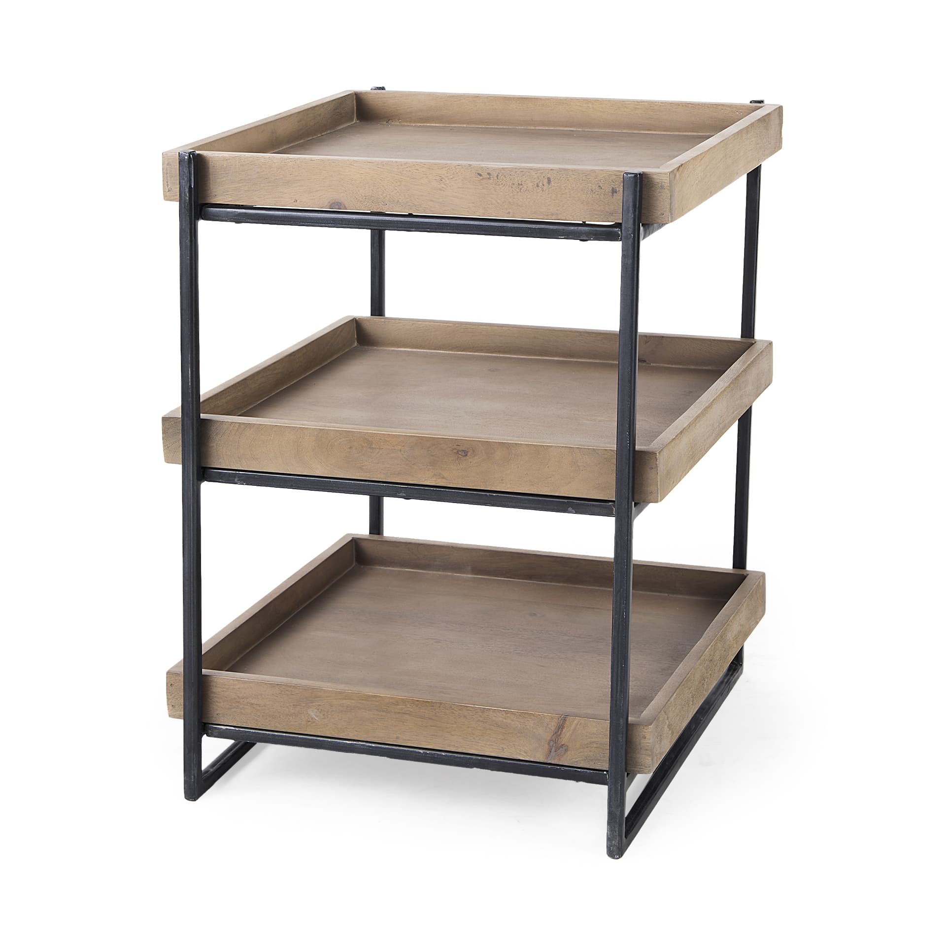 Trey III 20" x 26" Square Medium Brown Wooden Three-Tiered Black Iron Frame End/Side Table — product photograph