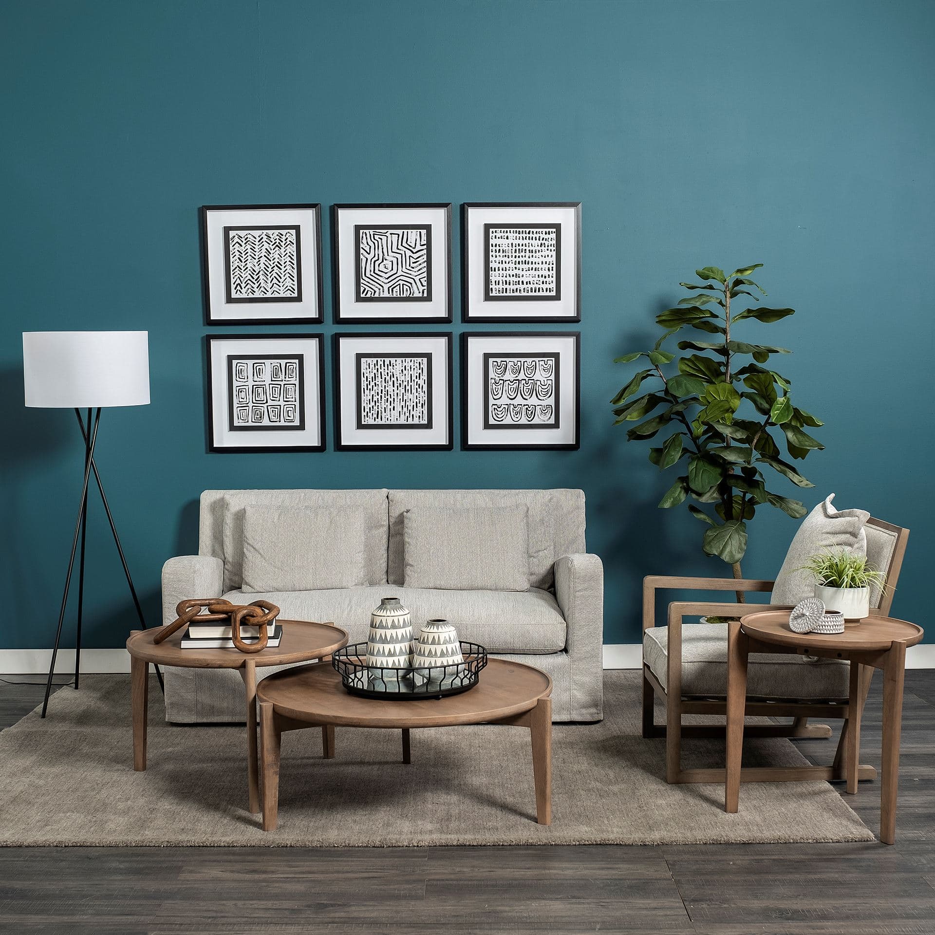 Sherlock Frost Gray Wood Frame Accent Chair — in a styled room