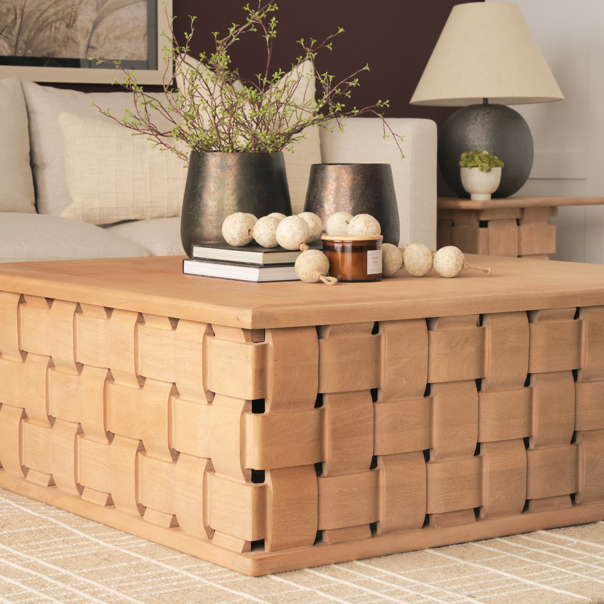 Trellyn 48" Light Brown Wood w/ Carved Woven Base Square Coffee Table — product photograph
