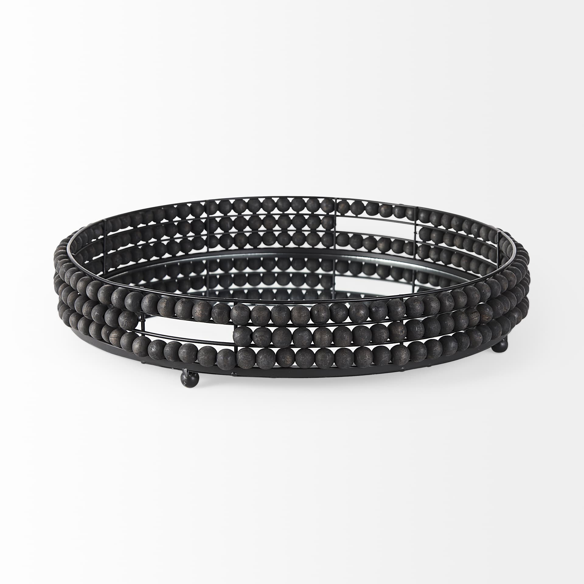 Decatur II 21L x 21W Black Wooden Bead Mirrored Bottom Round Tray — product photograph