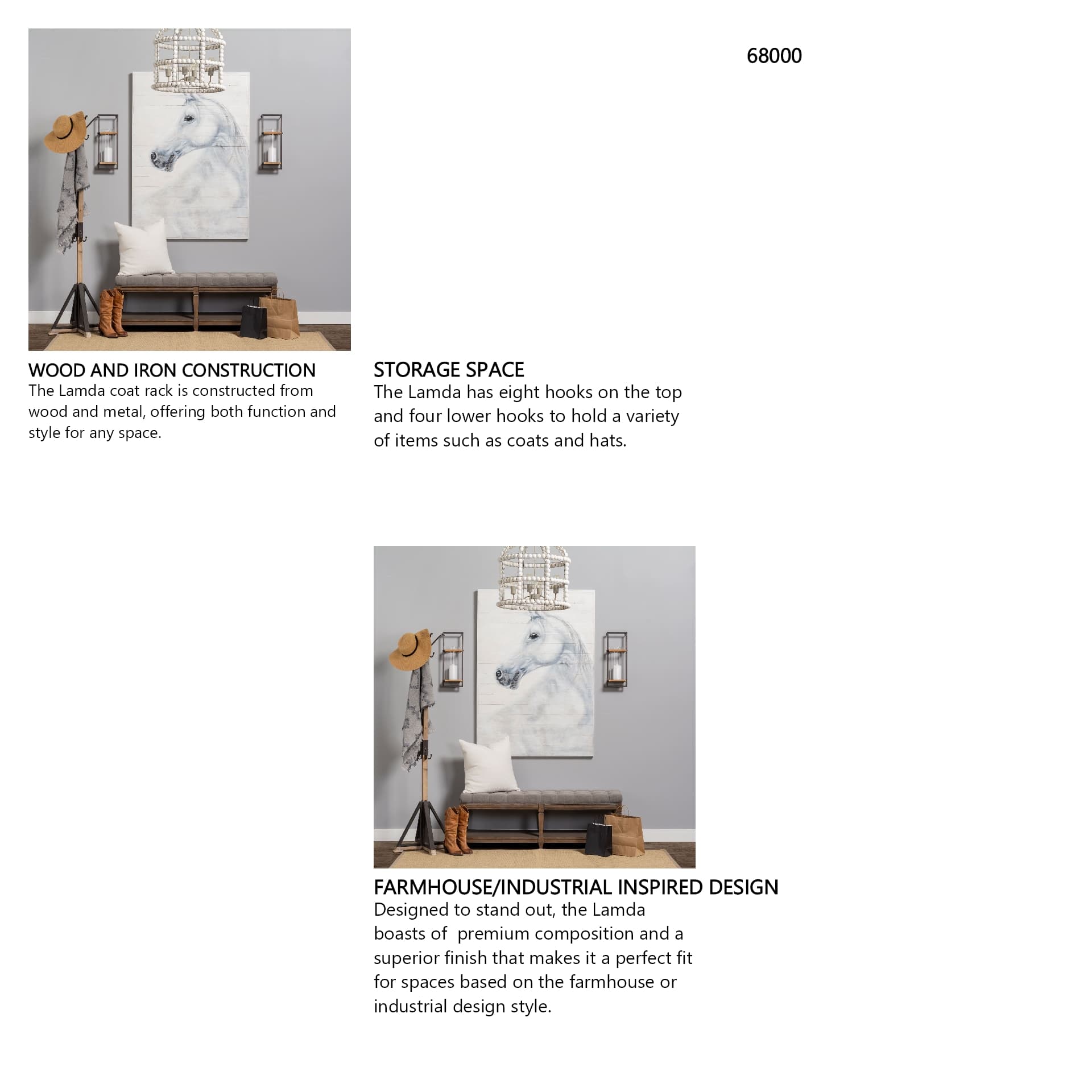 Lamda 22 x 75 Black Metal and Light Brown Wood Coat Rack — in a styled room
