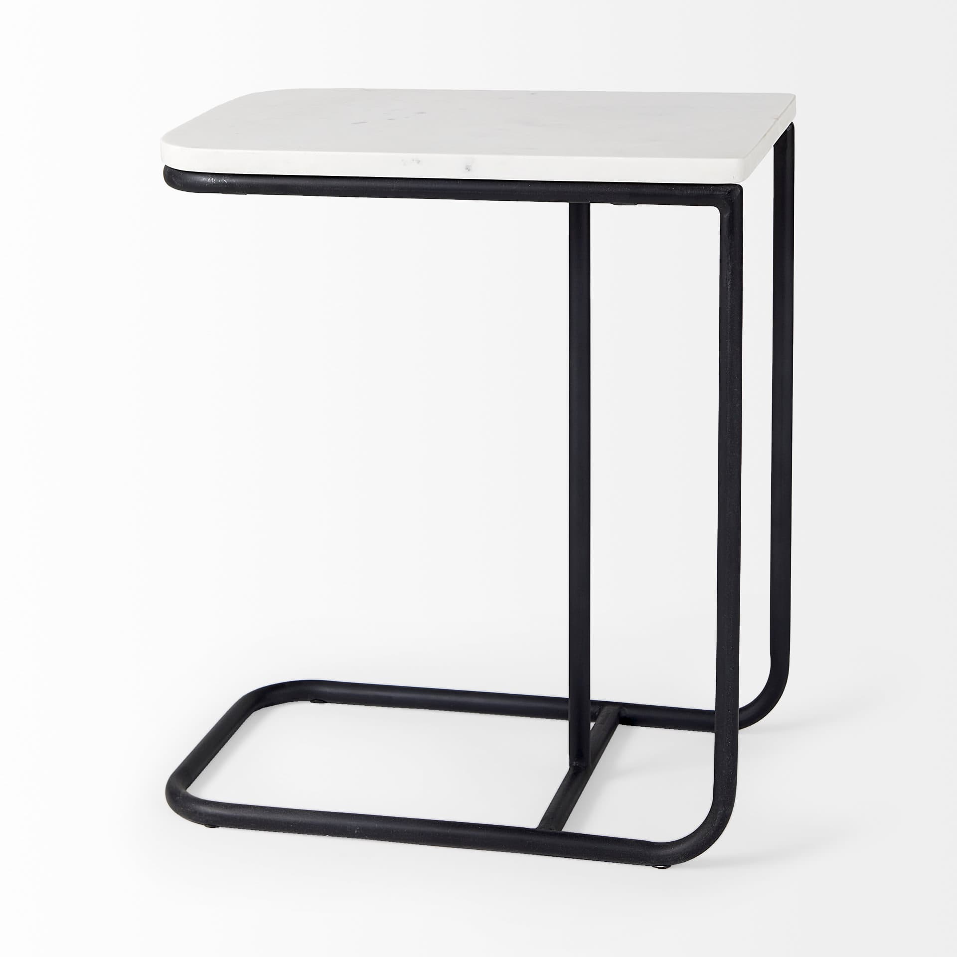 Kyra 12.0L x 20.0W x 23.0H White Marble Top W/Black Iron Frame C-Shaped End and Side Table — product photograph