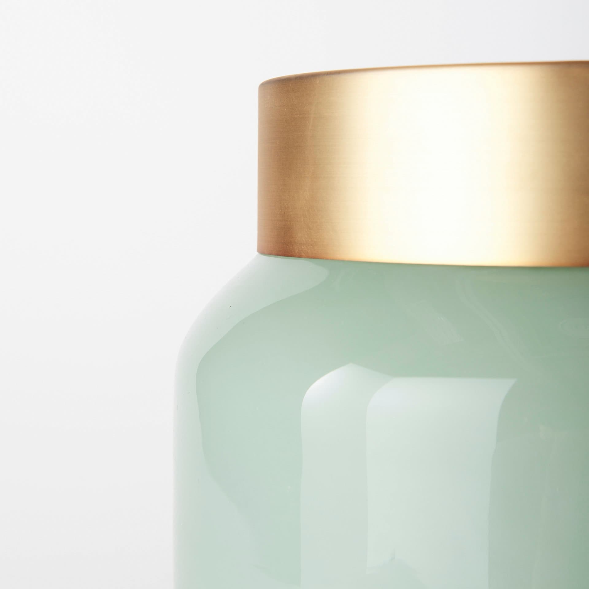 Minty 9.9L x 9.9W x 9.6H Green Glass Vase W/Matte Gold Metal Neck Cuff — product photograph