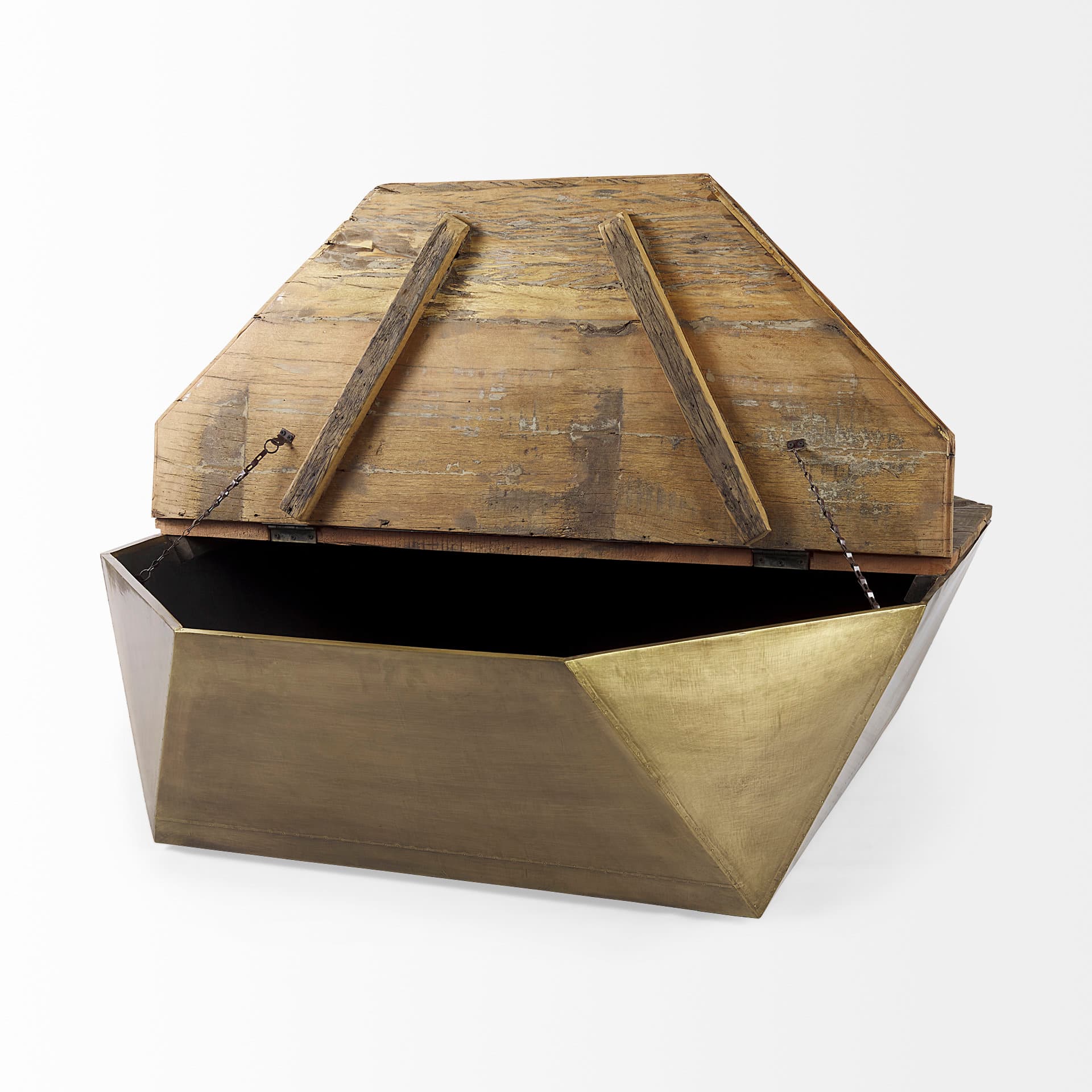 Esagono Octagonal Gold Metal-Clad Reclaimed Wood Coffee Table w/ Storage — product photograph