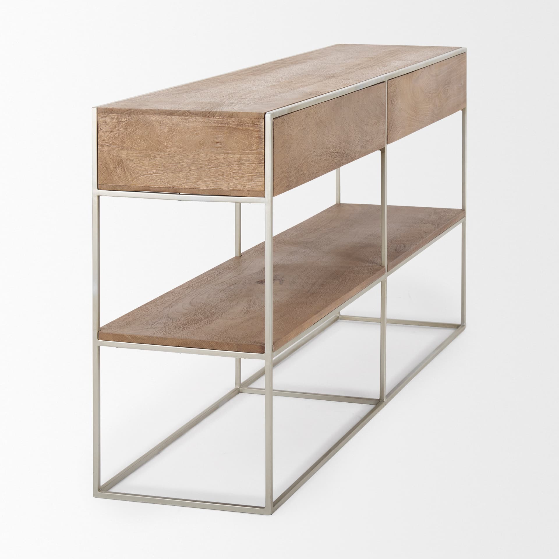 Morris I 63L x 15W x 31H Brown Wood w/ Silver Metal Frame 2 Drawer Console Table — product photograph