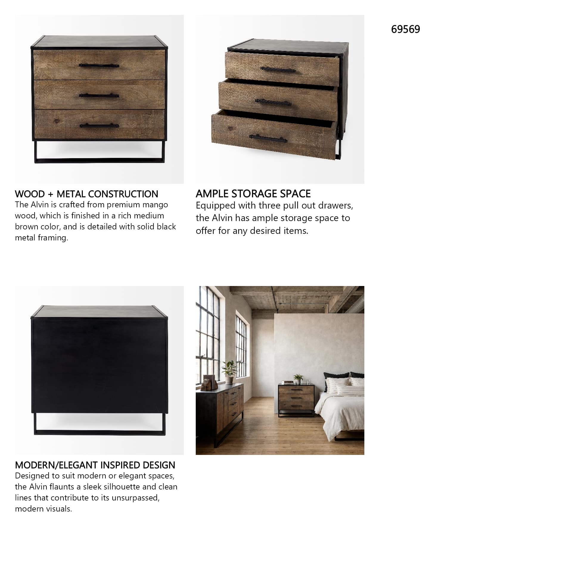 Alvin 34.5L x 21.5W x 30.0H Wood W/Metal Framing Accent Cabinet — in a styled room